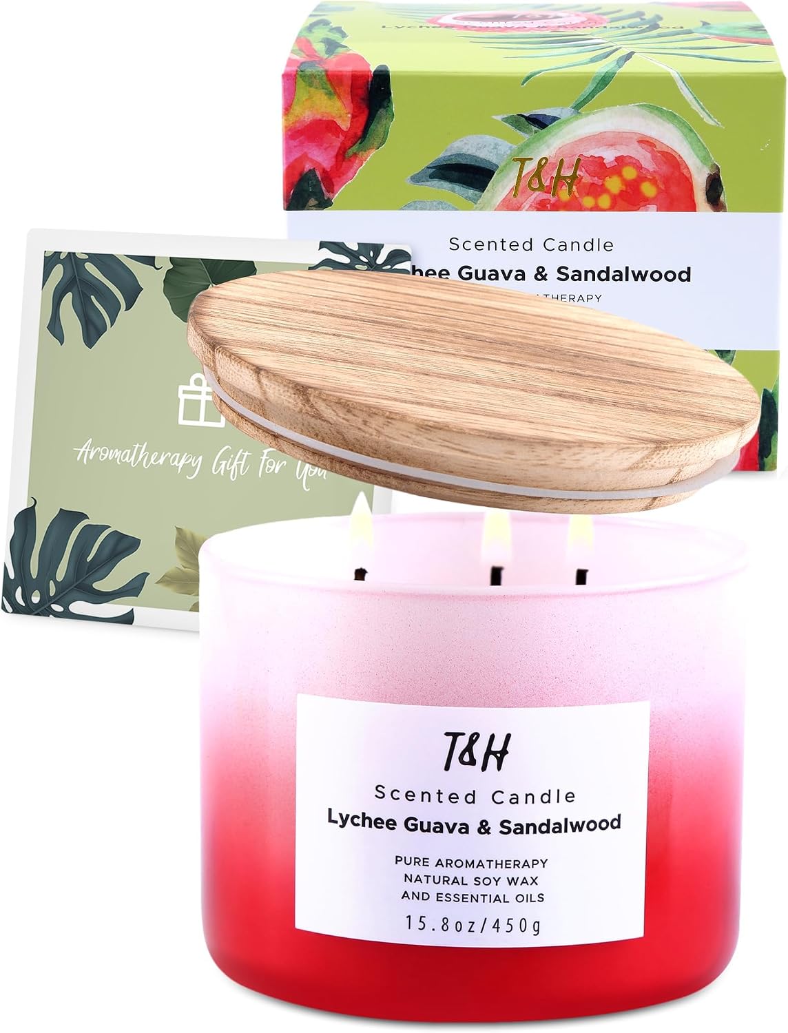 Lychee Guava Sandalwood 3 Wick Pink Scented Soy Summer Candle 15.8 oz | Sweet, juicy fruity tropical aromatherapy candle; clean burning, fills the room; candles for women; gift for girlfriend