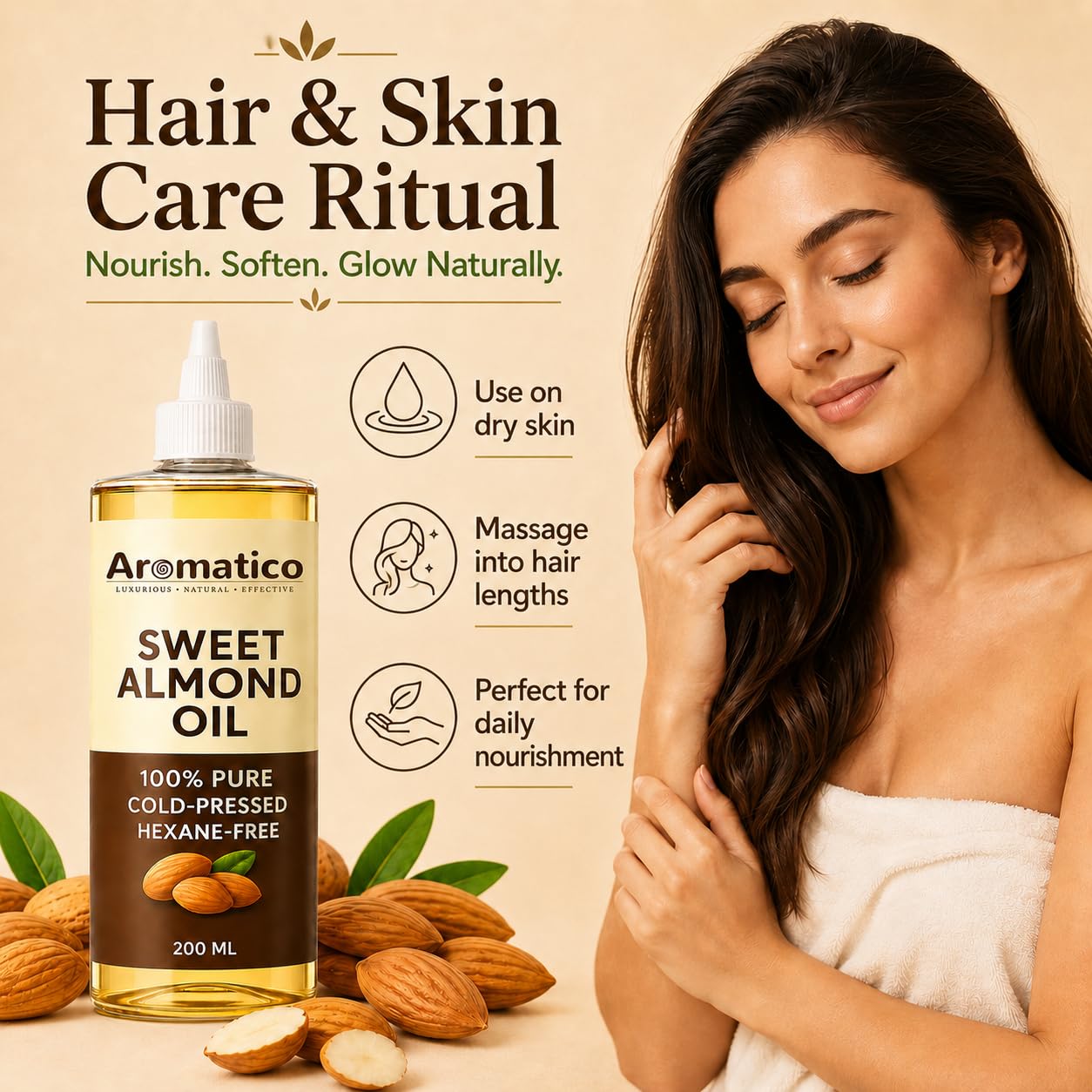 Aromatico Cold Pressed Sweet Almond Oil. Lightweight, Natural Moisturizing Oil for Hair, Skin & Body - 7 fl oz