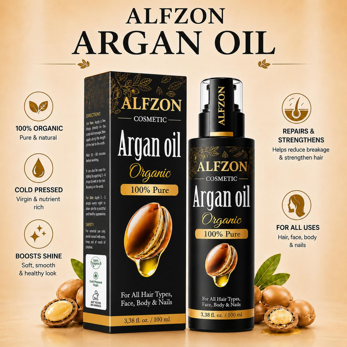 Moroccan Argan Oil for Hair, Face &amp; Skin, 100% Pure, Cold Pressed, 3.38 oz