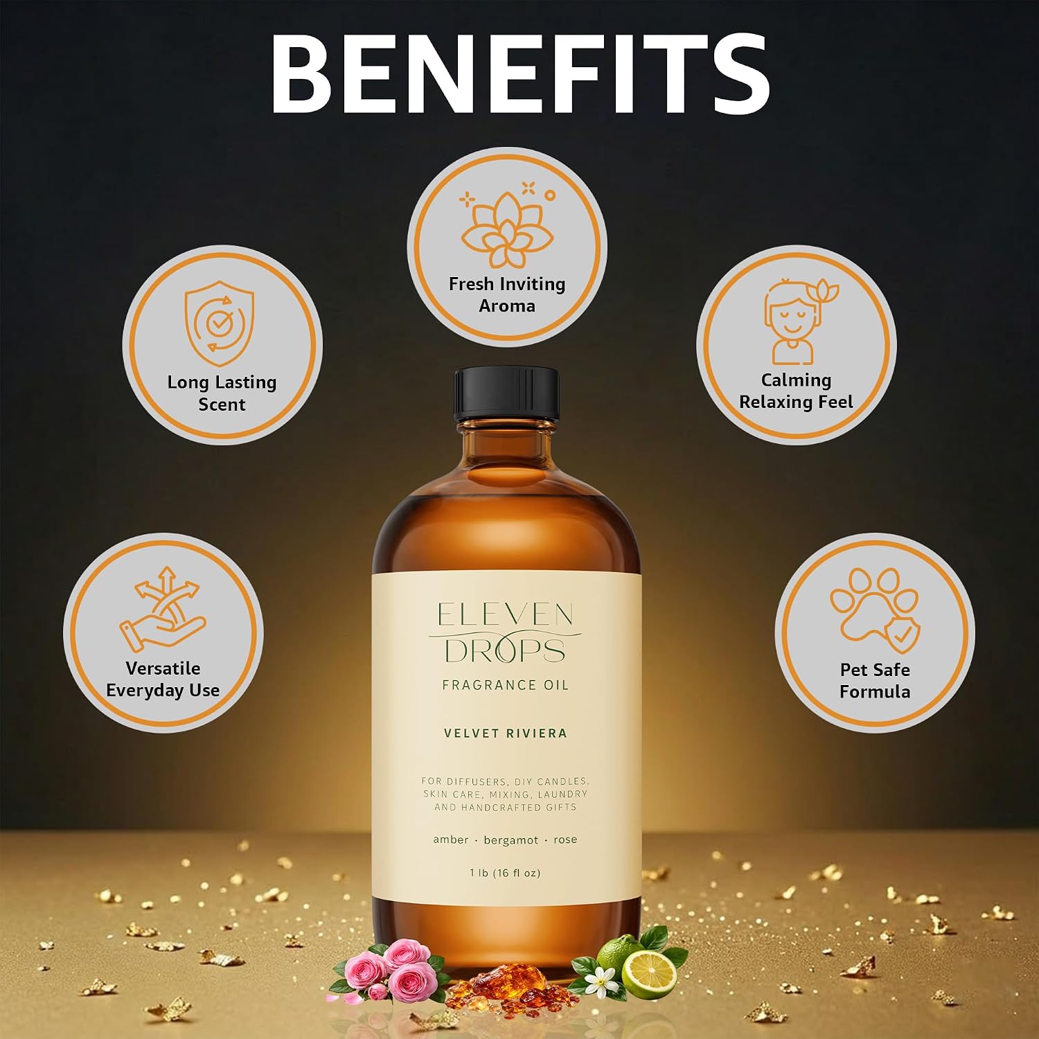 Velvet Riviera Fragrance Oil | Amber, Bergamot & Rose Notes | Long Lasting Scent Reed Diffuser Oil for Home, Office, Hotel, Spa, Car & Linen Spray | Pet Friendly IFRA Compliant, 16 oz