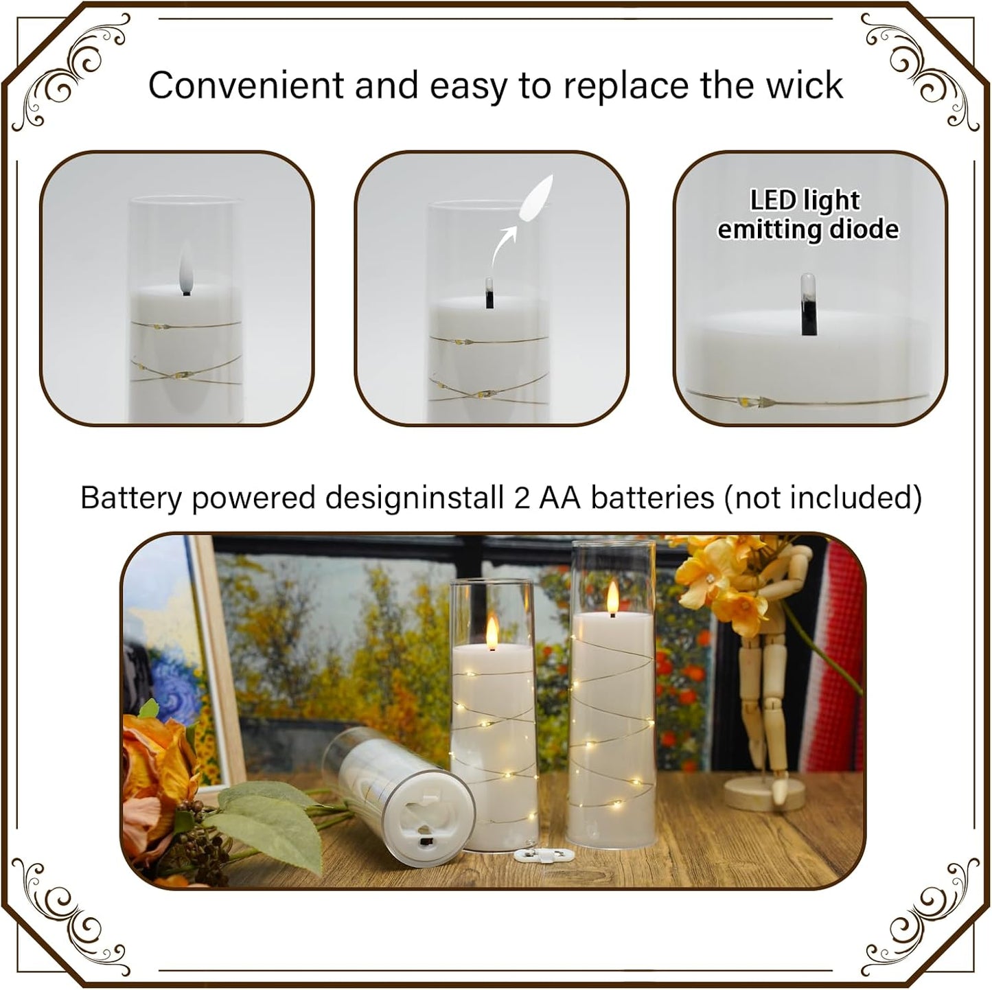 Nimiko Flickering Flameless LED Candles, 9 Pcs with Embedded Star String, Acrylic LED Pillar Candles with Remote, Suitable for Home Decoration (White)