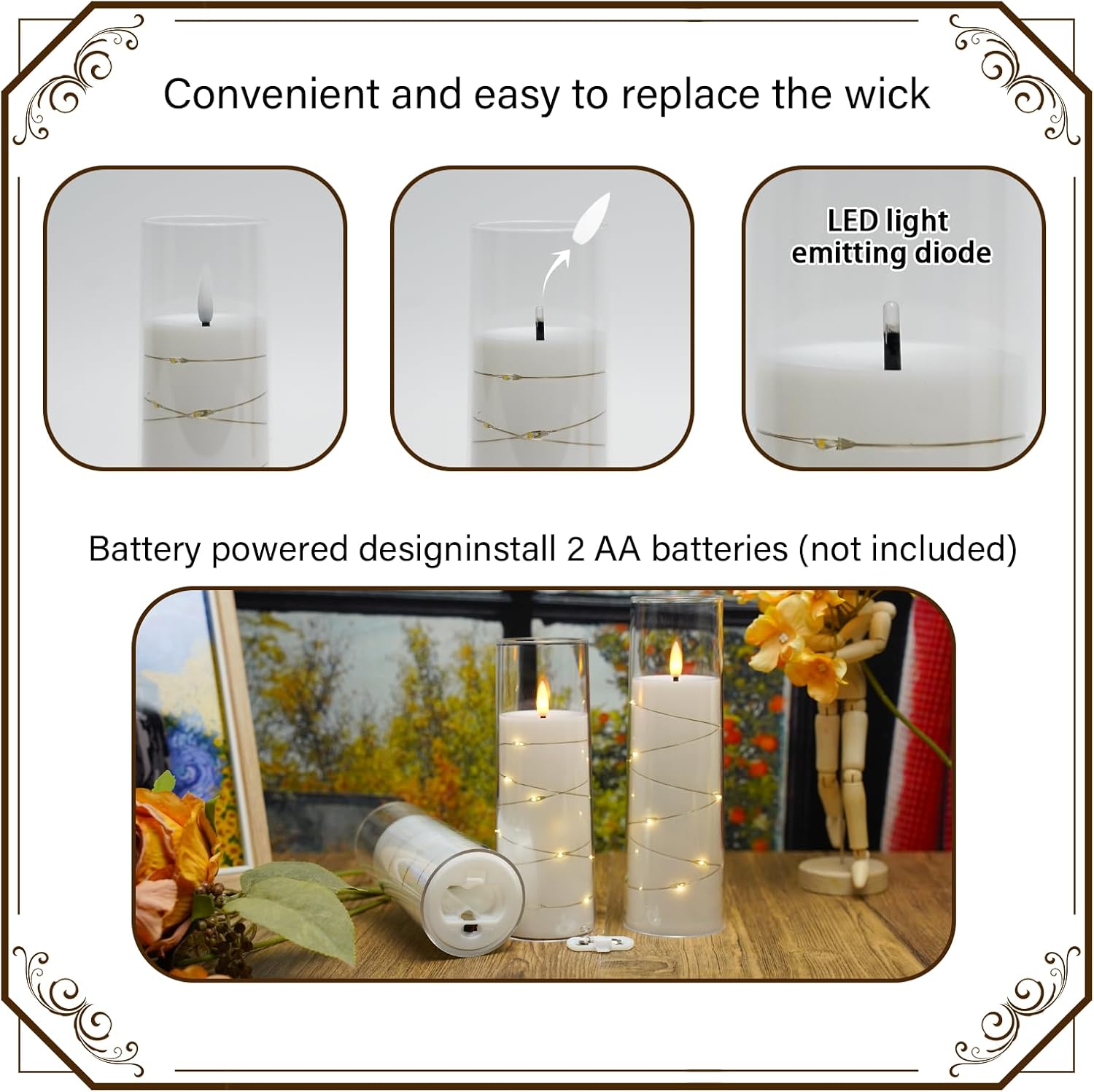 Nimiko Flickering Flameless LED Candles, 9 Pcs with Embedded Star String, Acrylic LED Pillar Candles with Remote, Suitable for Home Decoration (White)