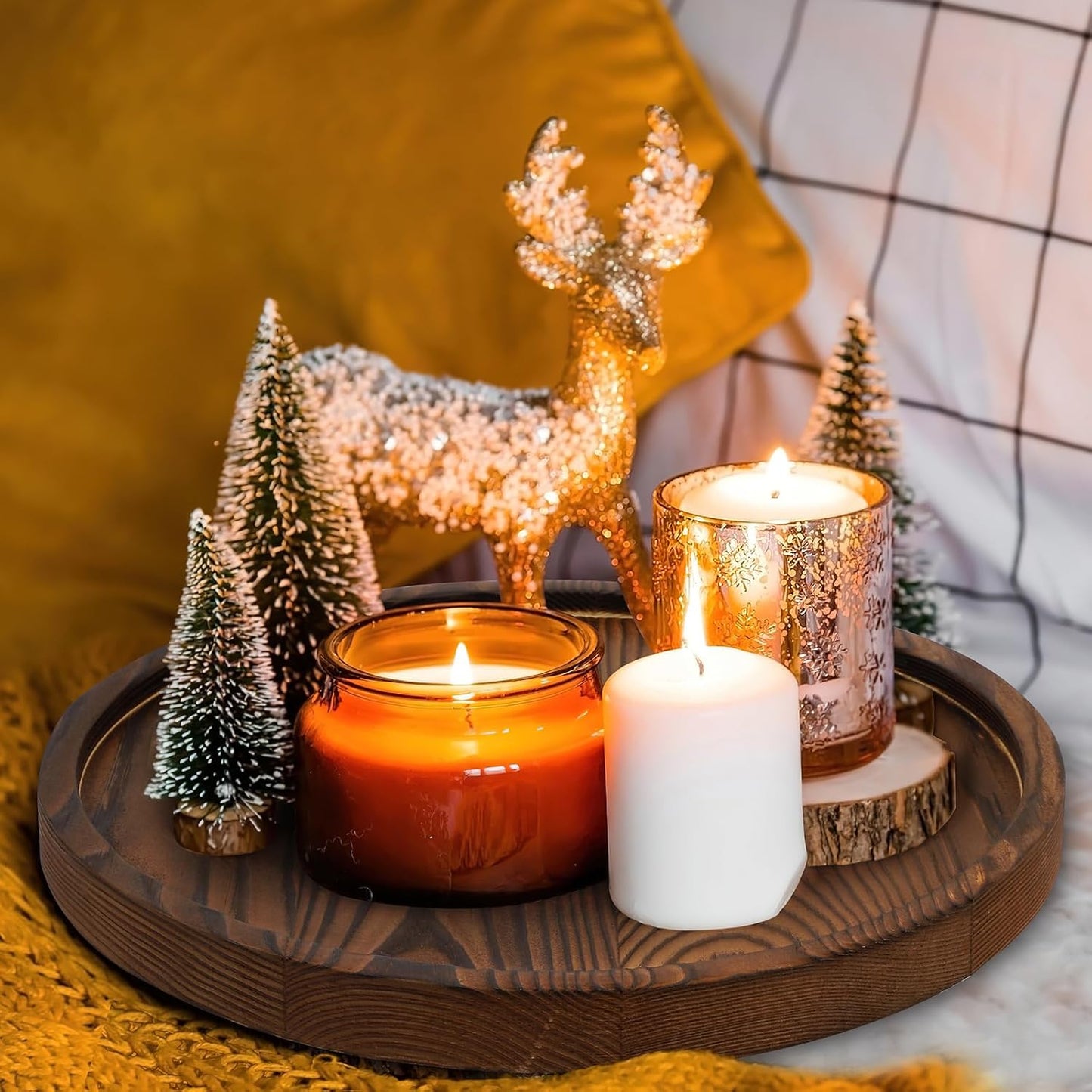 DEBETOOL Round Wooden Decorative Tray for Decor - Rustic Farmhouse Coffee Table Tray, Handmade Candle Holder Plate for Christmas Table Decorations and Centerpiece