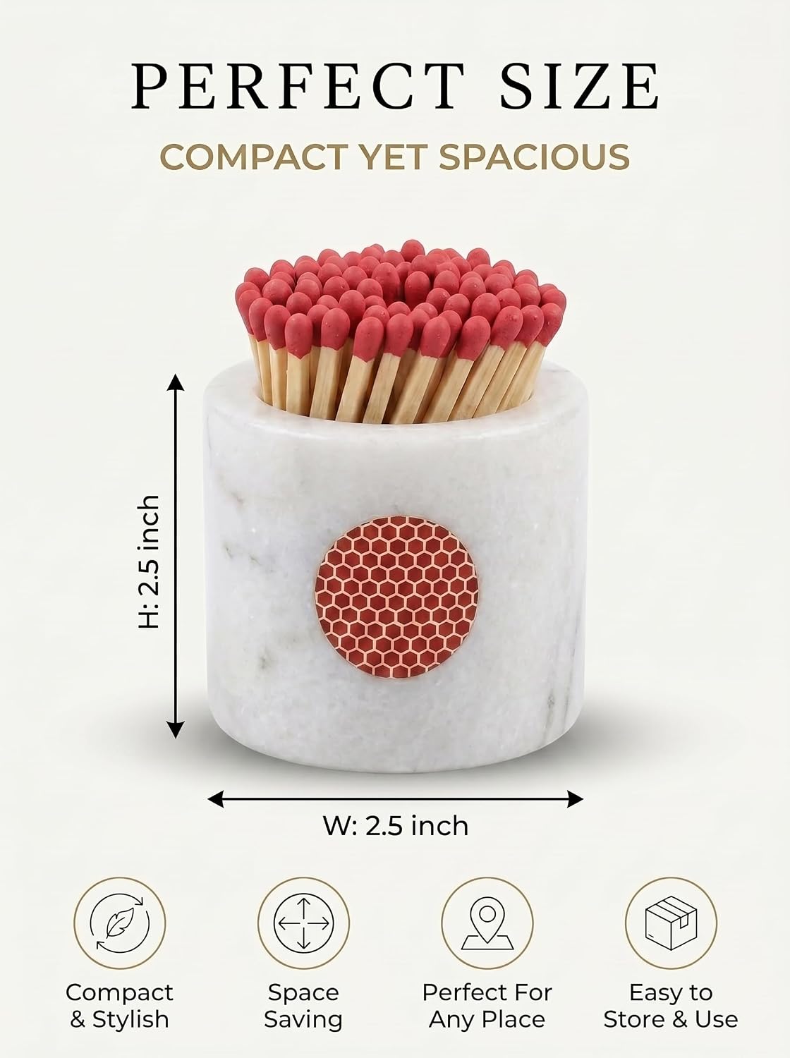 Marble Match Holder with Striker, Set of 2 – White Matchstick Holder with Side Striker, Decorative Matches Jar for Fireplace, Candle, Bathroom Decor, Housewarming Gift (Matches Not Included)