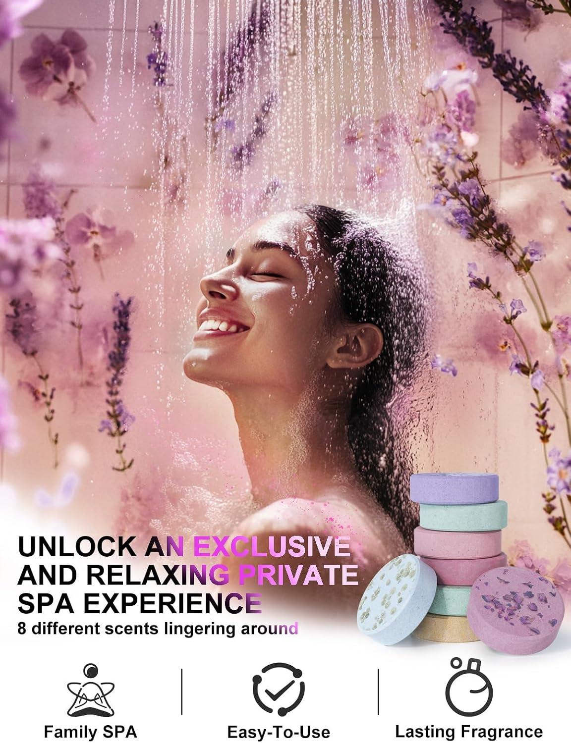 Shower Steamers Aromatherapy Stocking Stuffers 8 Scents, Christmas Gifts for Women Elegant Packaging Birthdays Gifts for Mom, Natural Essential Oil Home Spa Self Care & Relaxing Lavender