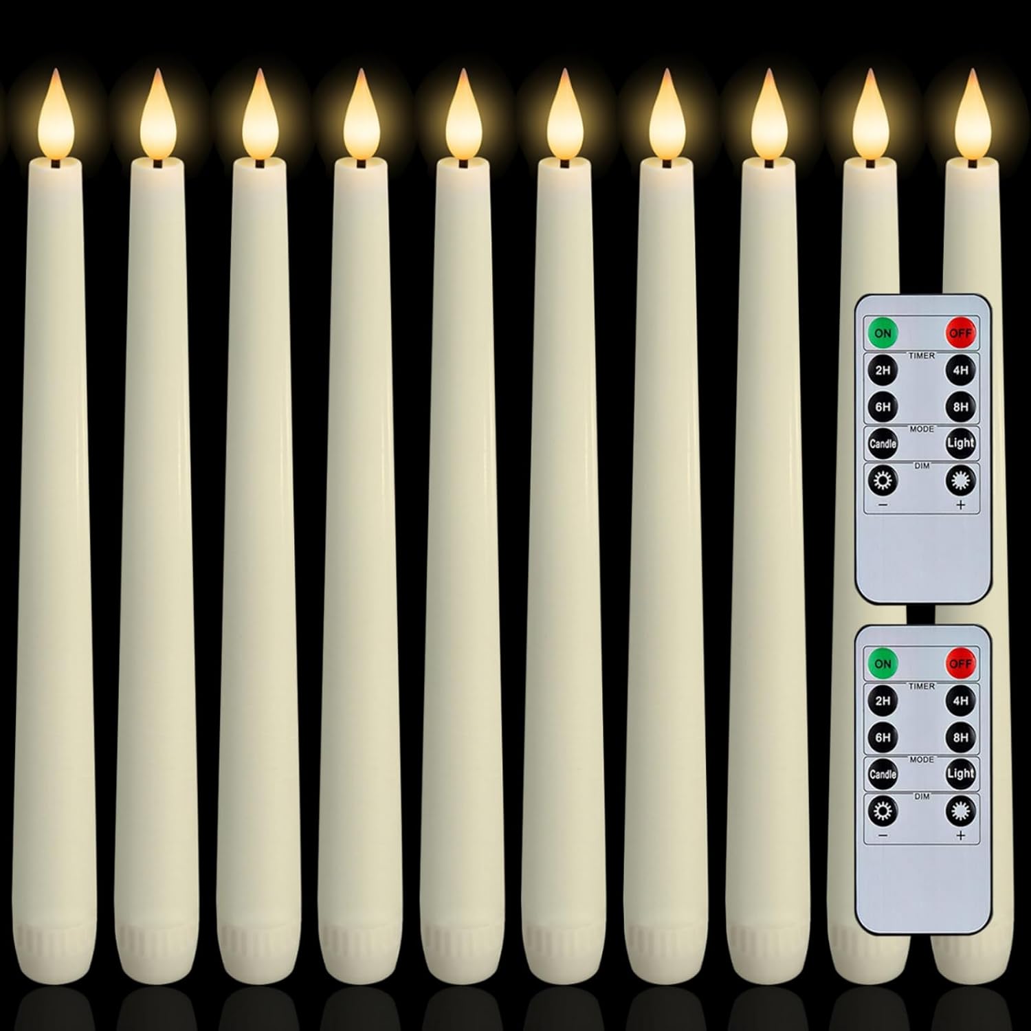 Homemory 12 Pcs Waxy Flameless Taper Candles with Remote, Led Flameless Candlesticks Classic Tall Candle, Flickering Battery Operated Taper Candles for Bedroom, Dining Room, Ivory, 9.6 inches
