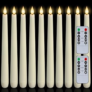 Homemory 12 Pcs Waxy Flameless Taper Candles with Remote, Led Flameless Candlesticks Classic Tall Candle, Flickering Battery Operated Taper Candles for Bedroom, Dining Room, Ivory, 9.6 inches