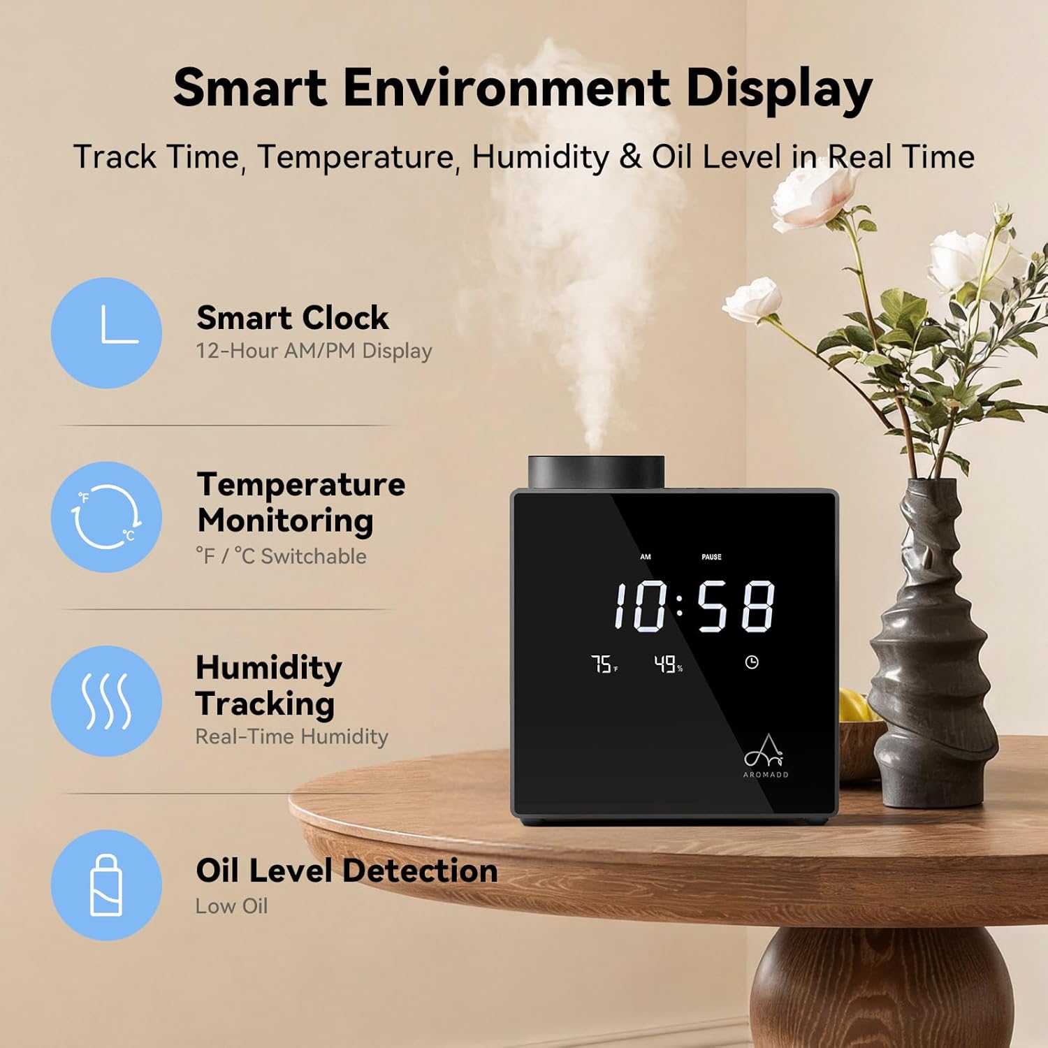 2026 Smart Waterless Diffuser, 2000 Sq.Ft Cold Air Scent Diffuser with Clock & Environmental Display | 7 Fragrance Levels, 9 Timer Settings, Hotel Collection Diffuser for Home & Large Rooms (Black)