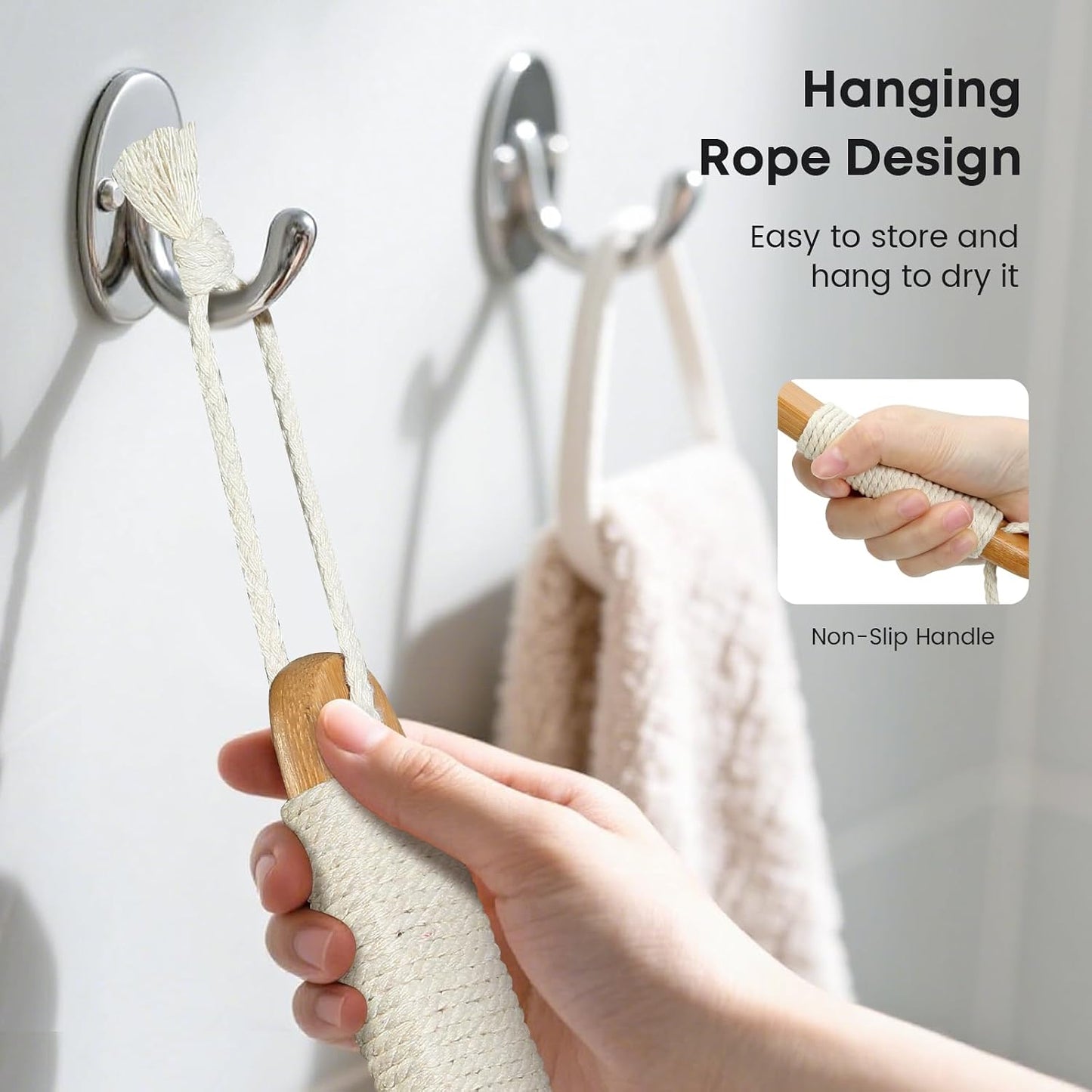 eaxun Bamboo Back Scrubber with Curved Long Handle, 17.3 Inches Exfoliating Shower Brush with Stiff Bristles for Men and Women, Back Washer Body Exfoliator for Bath or Dry Brushing