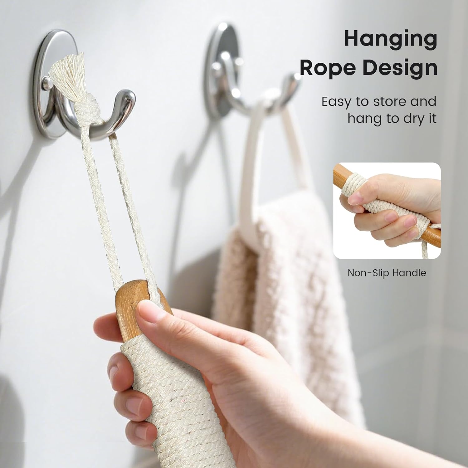 eaxun Bamboo Back Scrubber with Curved Long Handle, 17.3 Inches Exfoliating Shower Brush with Stiff Bristles for Men and Women, Back Washer Body Exfoliator for Bath or Dry Brushing