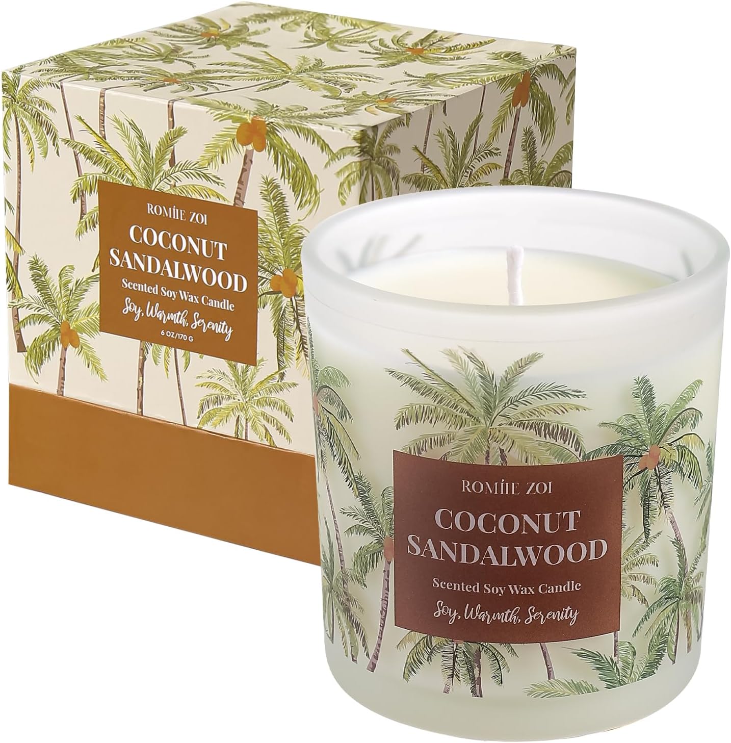 ROMIIE ZOI Coconut & Sandalwood Scented Candle - 6oz Soy Wax Candle for Home Scented, Stress Relief Candle Gifts for Women/Men