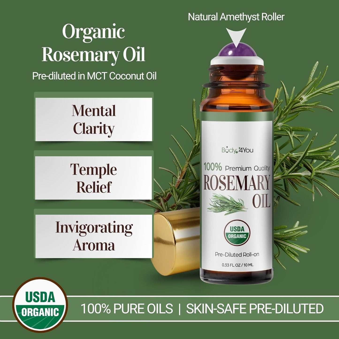 Rosemary Essential Oil Roll On for Hair Growth Scalp Massage Care - 100% Pure USDA Organic MCT Coconut Oil - Eyebrow Beard Growth Hairline Roots Mental Clarity Focus - Gemstone Roller 10ml Travel Size