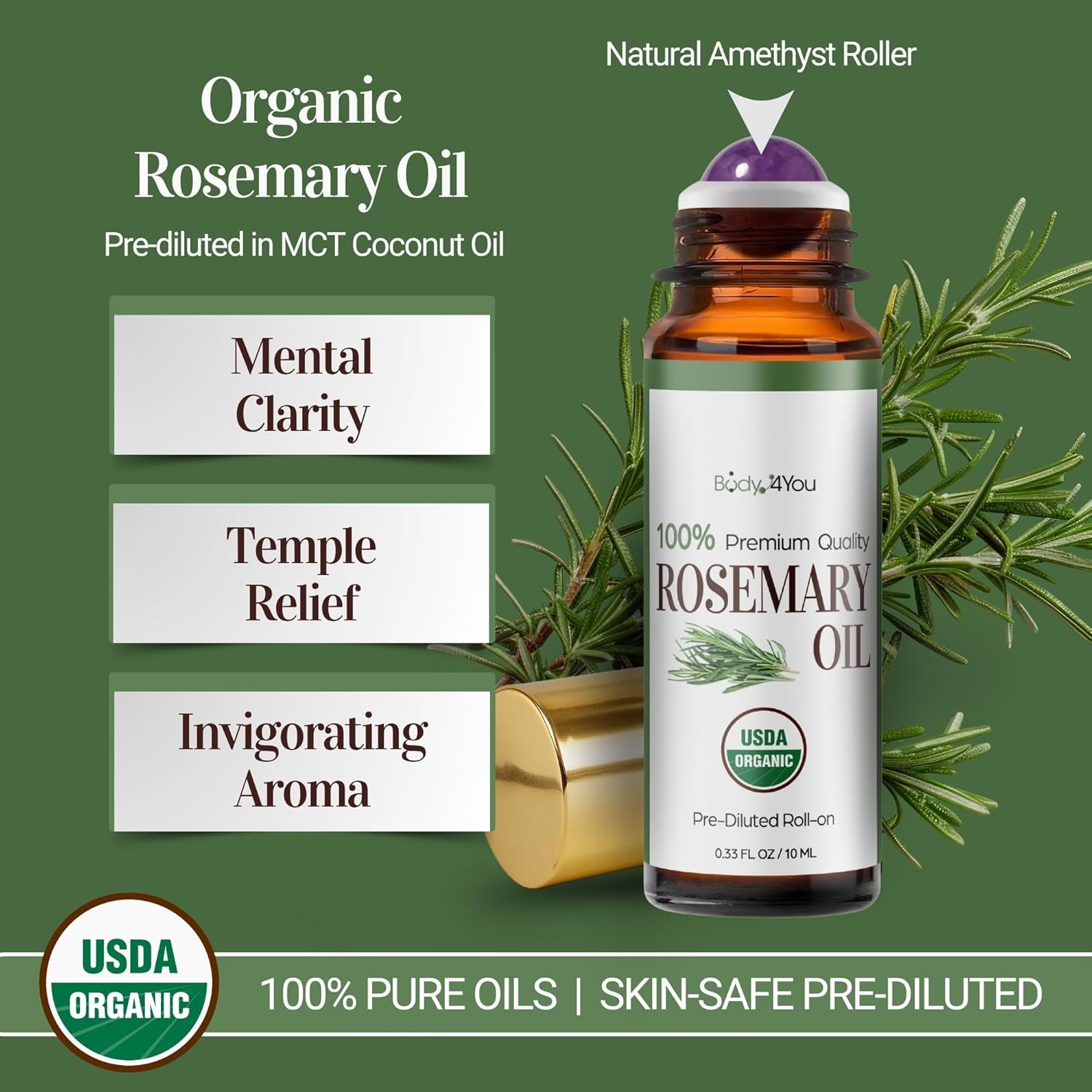 BodyJ4You Lemon + Rosemary Essential Oil Roll On Duo - Pure 100% USDA Organic MCT Coconut Oil - Natural Yellow Jade and Amethyst Stone Rollers - Uplift Focus Scalp Care Wrist Neck Temples - Amber Glas
