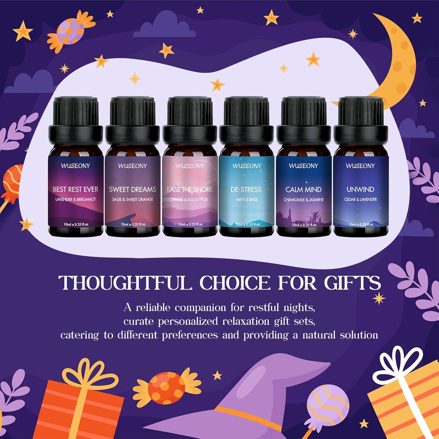 WUSEONY Sleep Essential Oils Set for Diffusers for Home, Set of 6 Essential Oil Blend Aromatherapy - Eucalyptus, Jasmine, Orange, Lavender, Cedar, Mint
