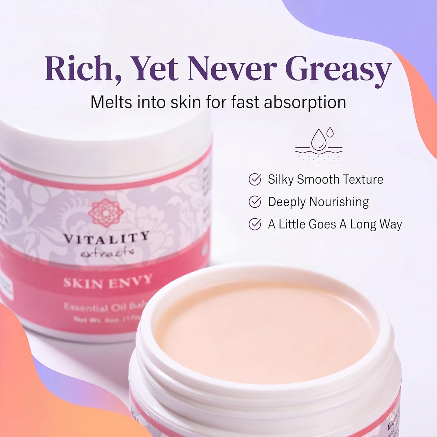Vitality Extracts Skin Envy Essential Oil Balm - 6oz, Moisturizer, Beeswax, Vitamin A, Skin Care, All Natural, Coconut Oil