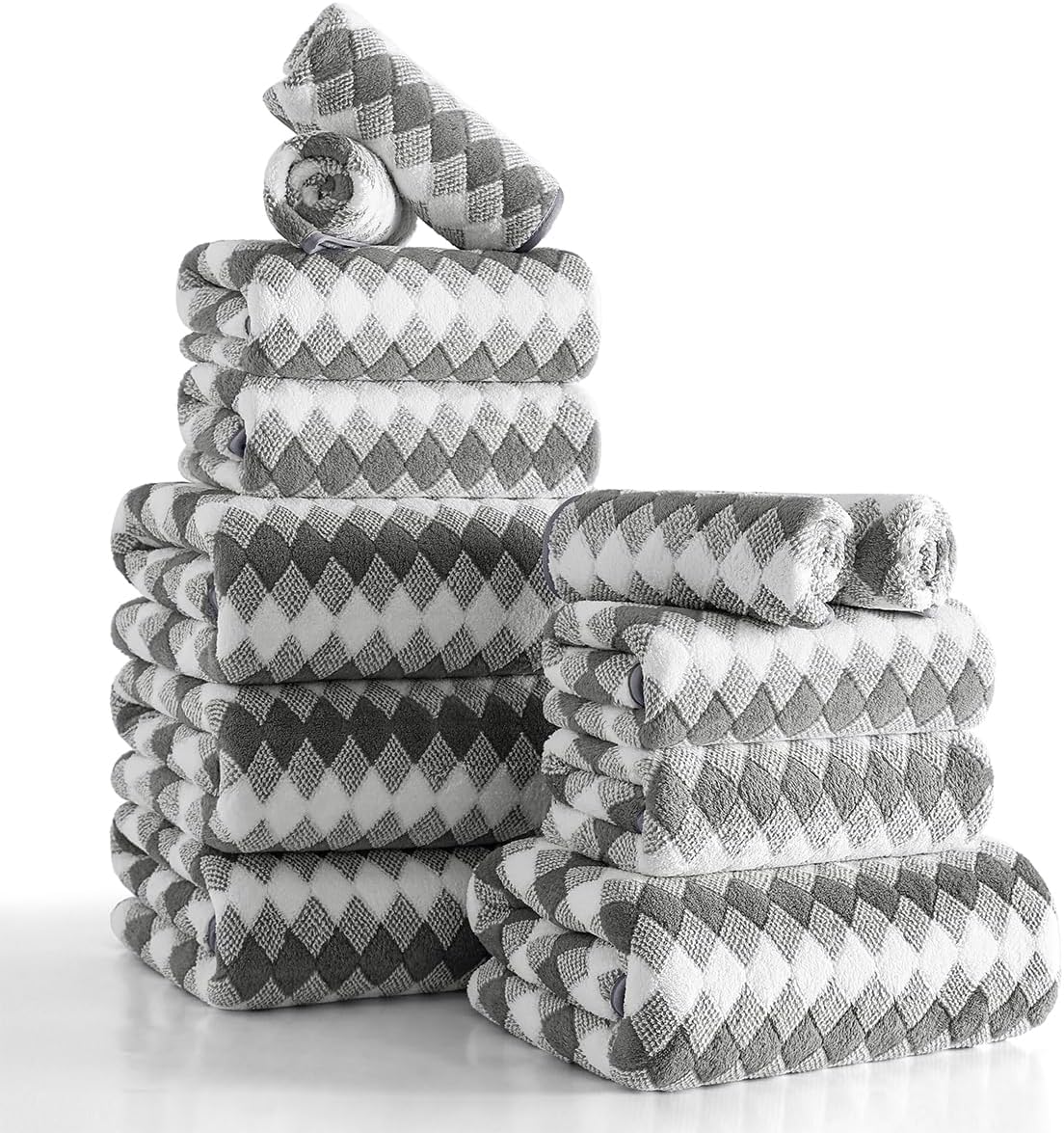 12 Pcs Gray White Diamond Towel Set-4 Bath Towels,4 Hand Towels,4 Washcloths Soft Polyester Towels with Loop Absorbent Shower Towel Quick Dry Beach Chair Towel Family Towels for Bathroom Spa Gym Pool