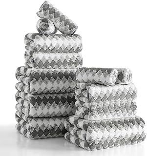 12 Pcs Gray White Diamond Towel Set-4 Bath Towels,4 Hand Towels,4 Washcloths Soft Polyester Towels with Loop Absorbent Shower Towel Quick Dry Beach Chair Towel Family Towels for Bathroom Spa Gym Pool