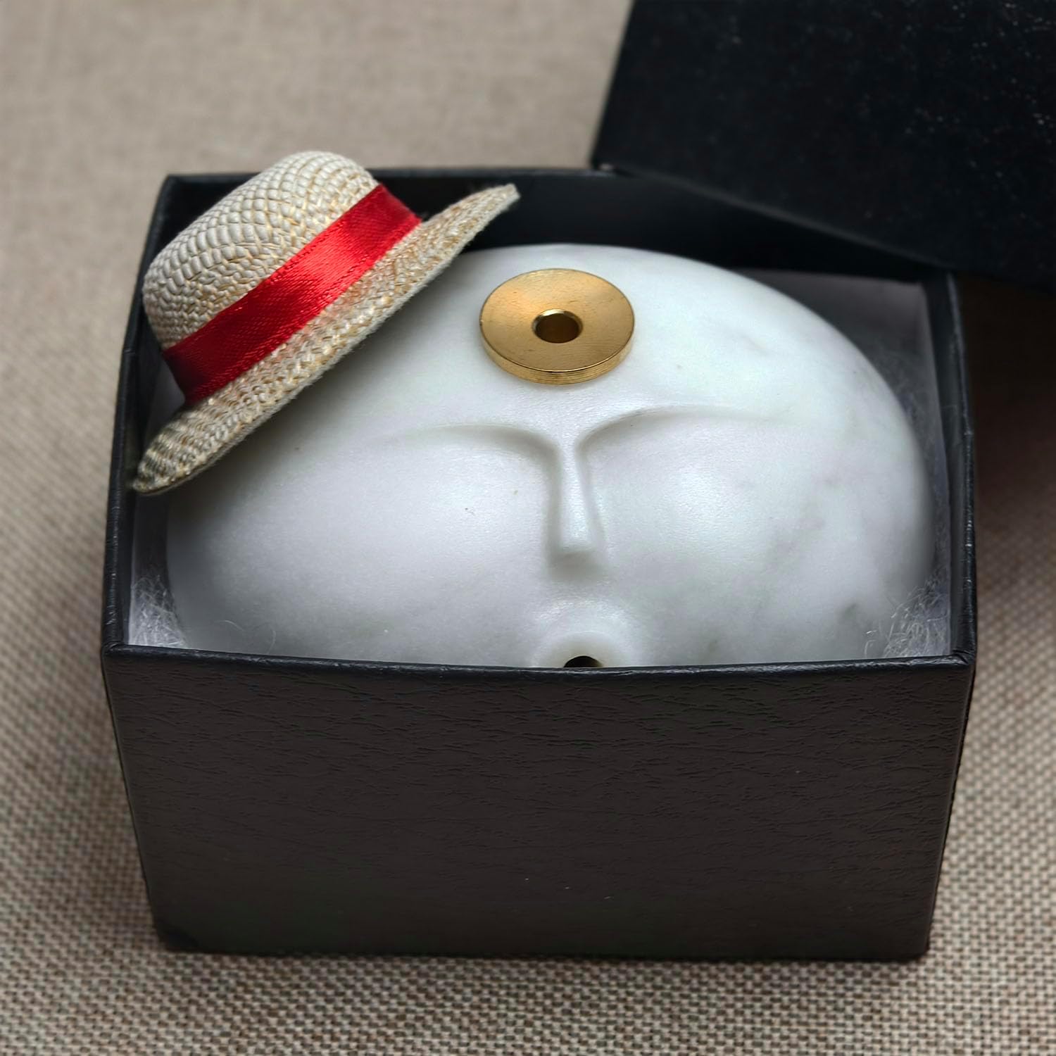 Stone Figure Incense Burner, Marble Backflow Incense Holder with Metal Pad & Mini Hat, Zen Meditation Decor, Modern Home Office Altar Statue, Unique Gift in Black & White (White)