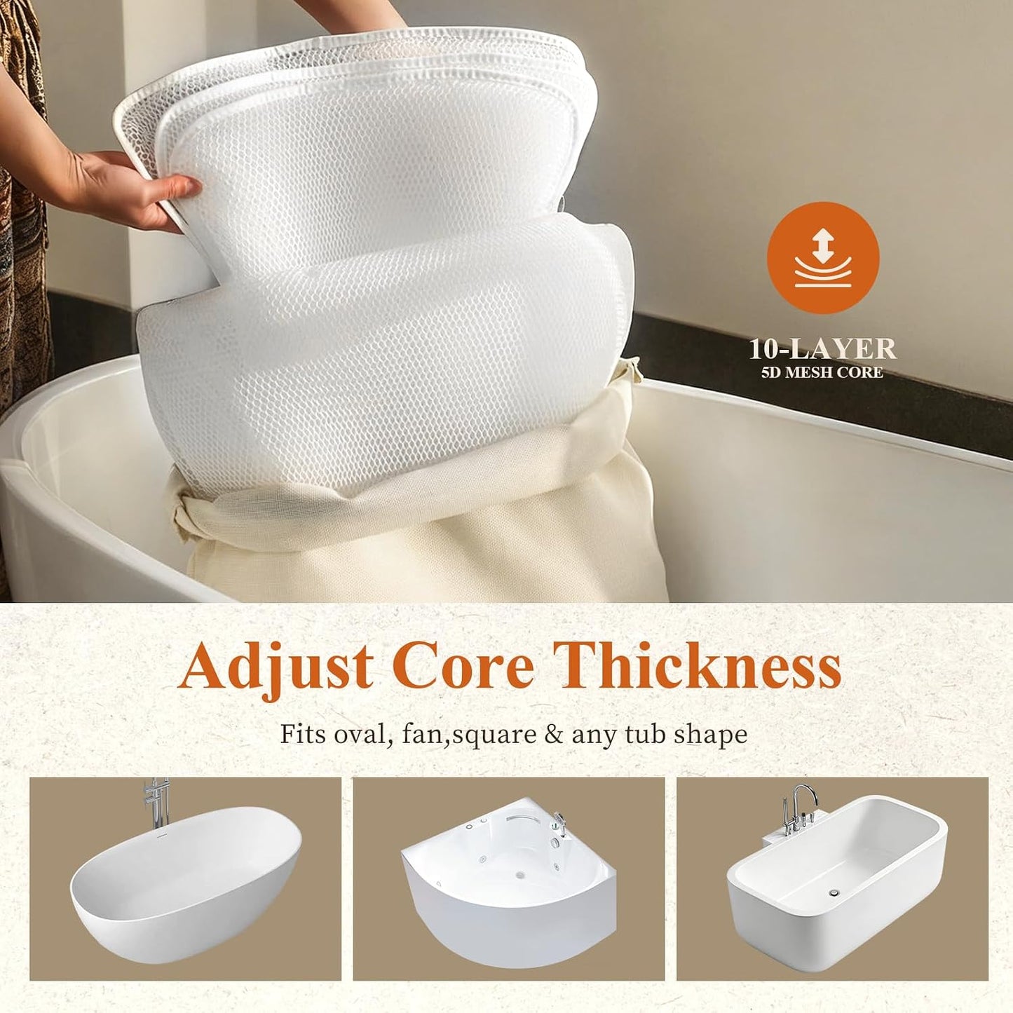 Luxury Bathtub Pillow,Head,Neck & Back Support,Quick-Drying 5D Mesh Core,Gift for Bath Lovers,Adjustable Thickness Fits Any Bathtubs,Easy to Maintain,Beige White