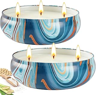 Citronella Candles Outdoor for Patio, 12oz Large 3-Wick Natural Soy Wax Candle, 2 Pack, Total 160H Long Lasting Citronella Oil Candle with Lids, Blue Marble Tin for Backyard, Deck, Camping, Indoor
