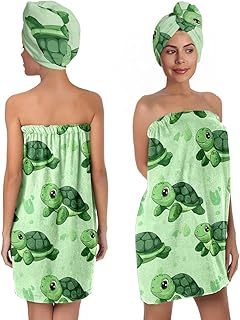 Turtle Bath Wrap Set with Hair Turban, Spa Towel Wrap with Matching Head Wrap, Spa Towel Wrap, Towel Robe for Women (Green)