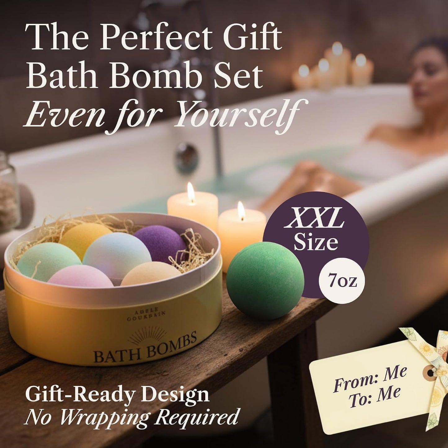 ADELEGOURDAIN Bath Bombs Set 7 pcs - Gift Set for Women, 200g Extra Large Oversized, Mineral Bath Bombs for Sensitive Skin, Gift Set Box for Her Birthday