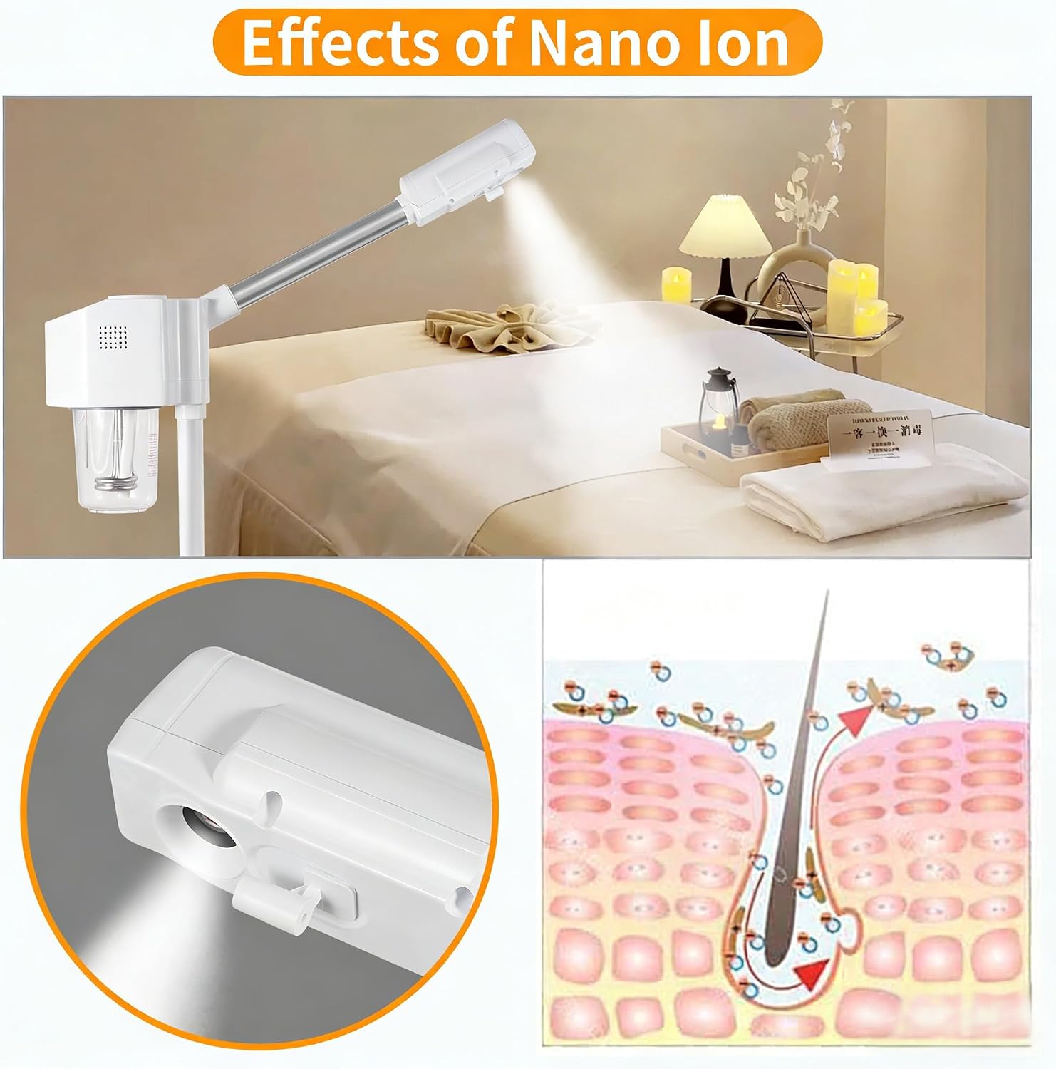 Professional Facial Steamer, Hot Mist Spray, Vaporizador Facial Steamer for Esthetician, Height Adjustable, SPA at Home, White