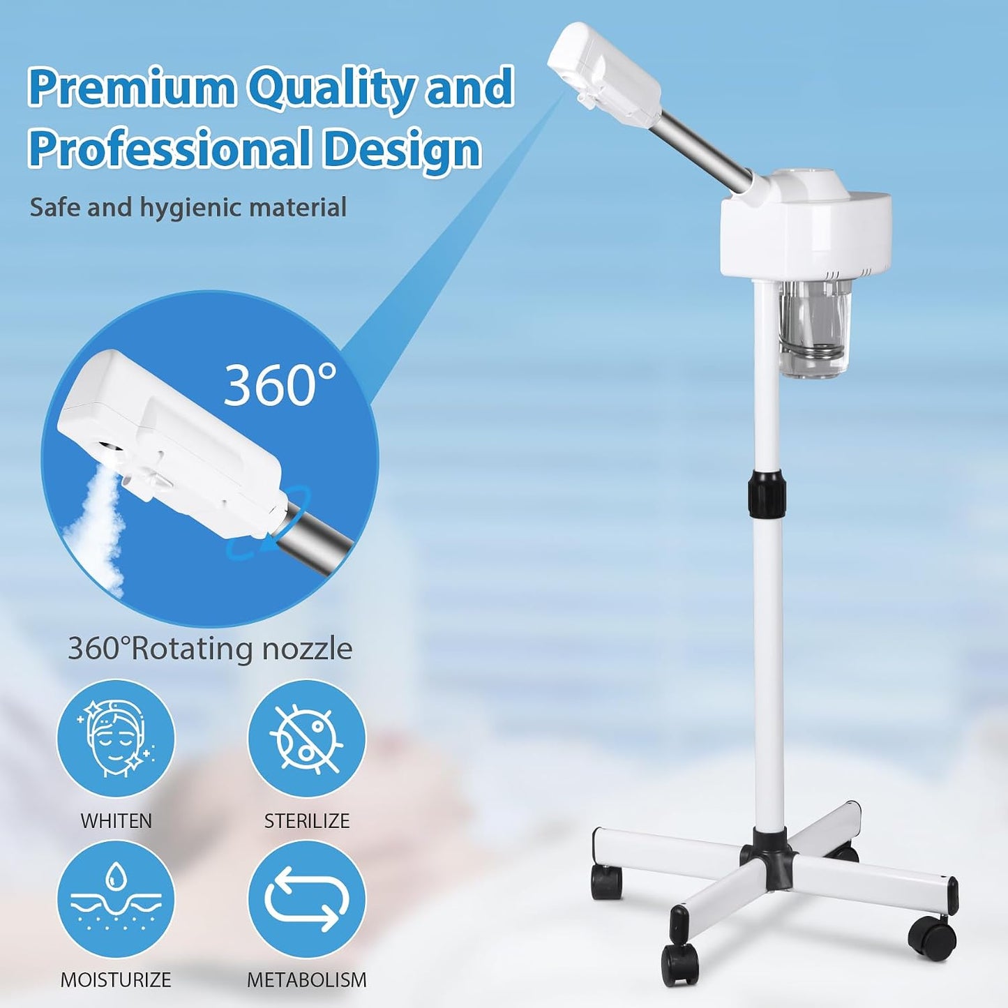 HomGarden Professional Facial Steamer, Hot Mist & Timer Function, Adjustable Height and Angle, Vaporizador Facial Professional Steamer On Wheels for Home Use & Spa Salon Skin Cleasning