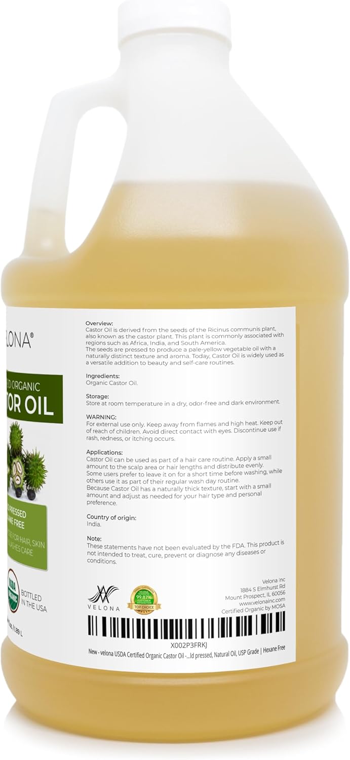 velona USDA Certified Organic Castor Oil - 64 fl oz | For Hair, Boost Eyelashes, Eyebrows | Cold pressed, Natural Oil, USP Grade | Hexane Free