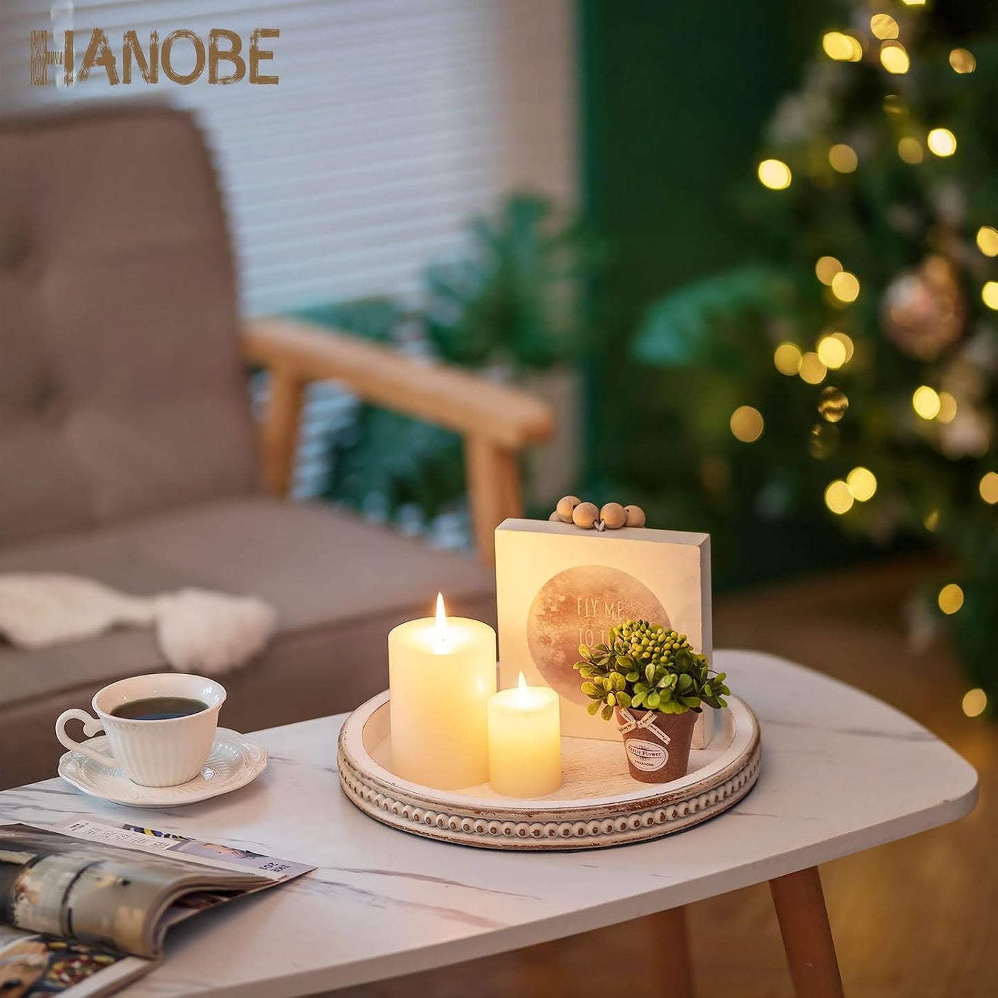 Hanobe Decorative Tray for Coffee Table: 10.5-Inch Round Whitewashed Wood Tray for Rustic Farmhouse Living Room Kitchen Island Entryway Home Decor