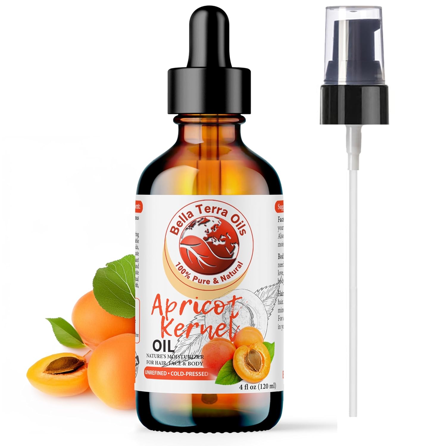 Bella Terra Oils - Natural Apricot Seed Oil 8 oz - Cold-Pressed from Bitter Natural Apricot Kernels, Rich in Vitamin K & Omega-6 for Skin