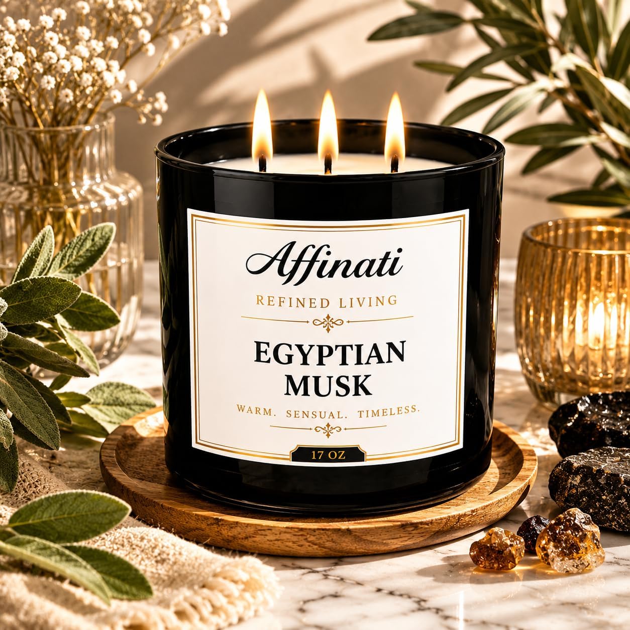 Egyptian Musk Affinati 3-Wick Candle - 17 oz Luxury Soy Blend, Long-Lasting Clean & Fresh Home Fragrance, Premium Soft Powder Scented Candles Jar, Spa Aromatherapy & Luxury Gifts for Women