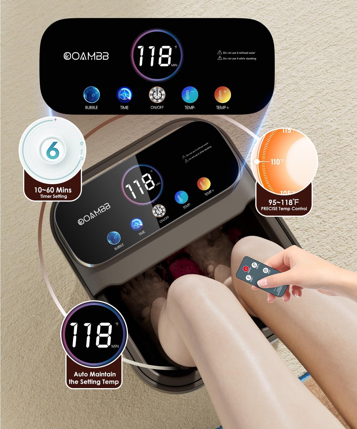 OOAMBB Collapsible Foot Spa with Heat, Bubble,Temp Control,Remote Control, Color Touch Screen Foot Bath Massager with 6 Massage Rollers,Foot Soaking Tub,Pedicure Foot spa for Stress Relief (Deep Grey)