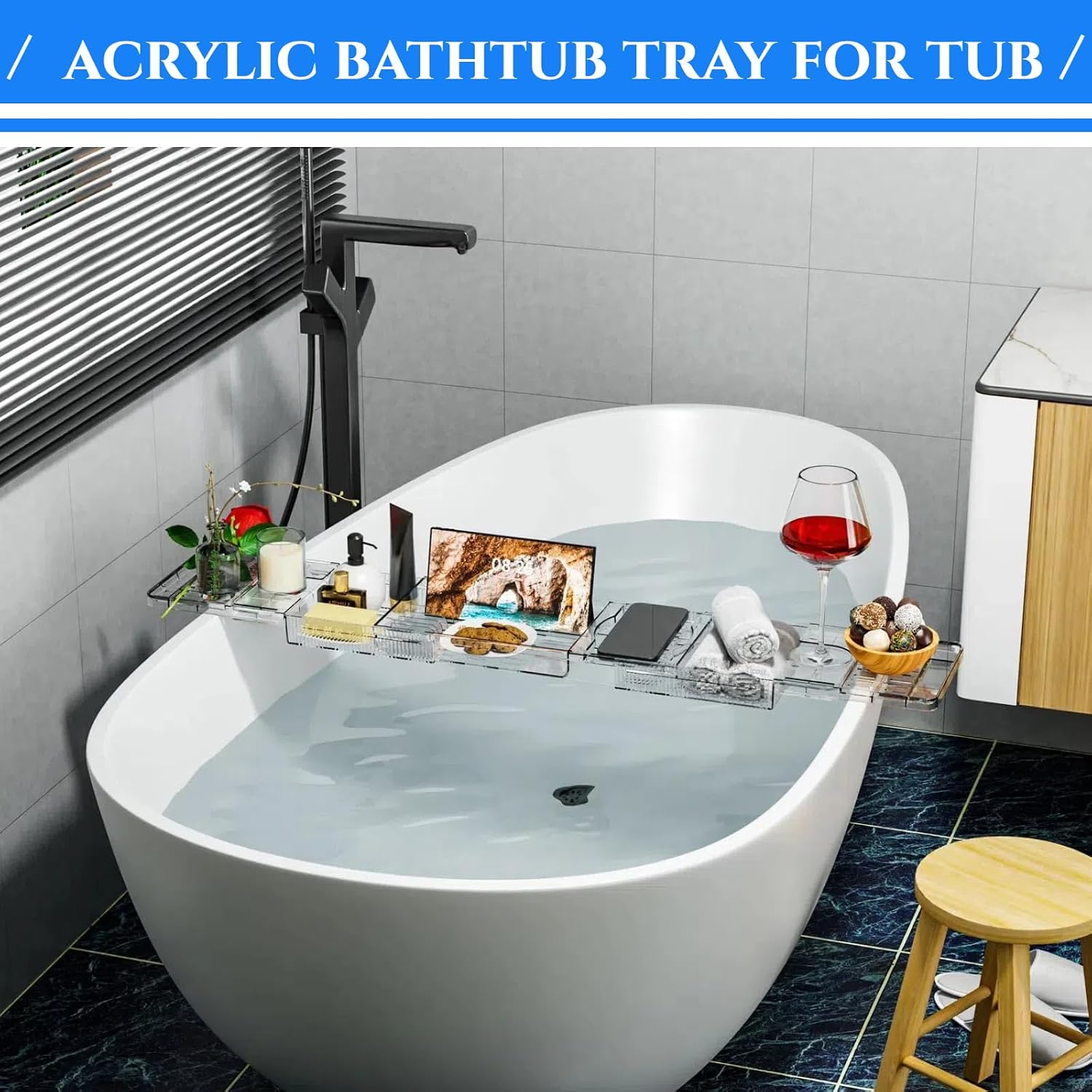 Expandable Acrylic Bathtub Tray for Tub, Bath Caddy Tray Table for Bathtub, Adjustable from 31.5 to 41 inch, Bathtub Rack fits Most Bathtubs and Bathroom Décor, Bath Tub Shelf Accessories for Women