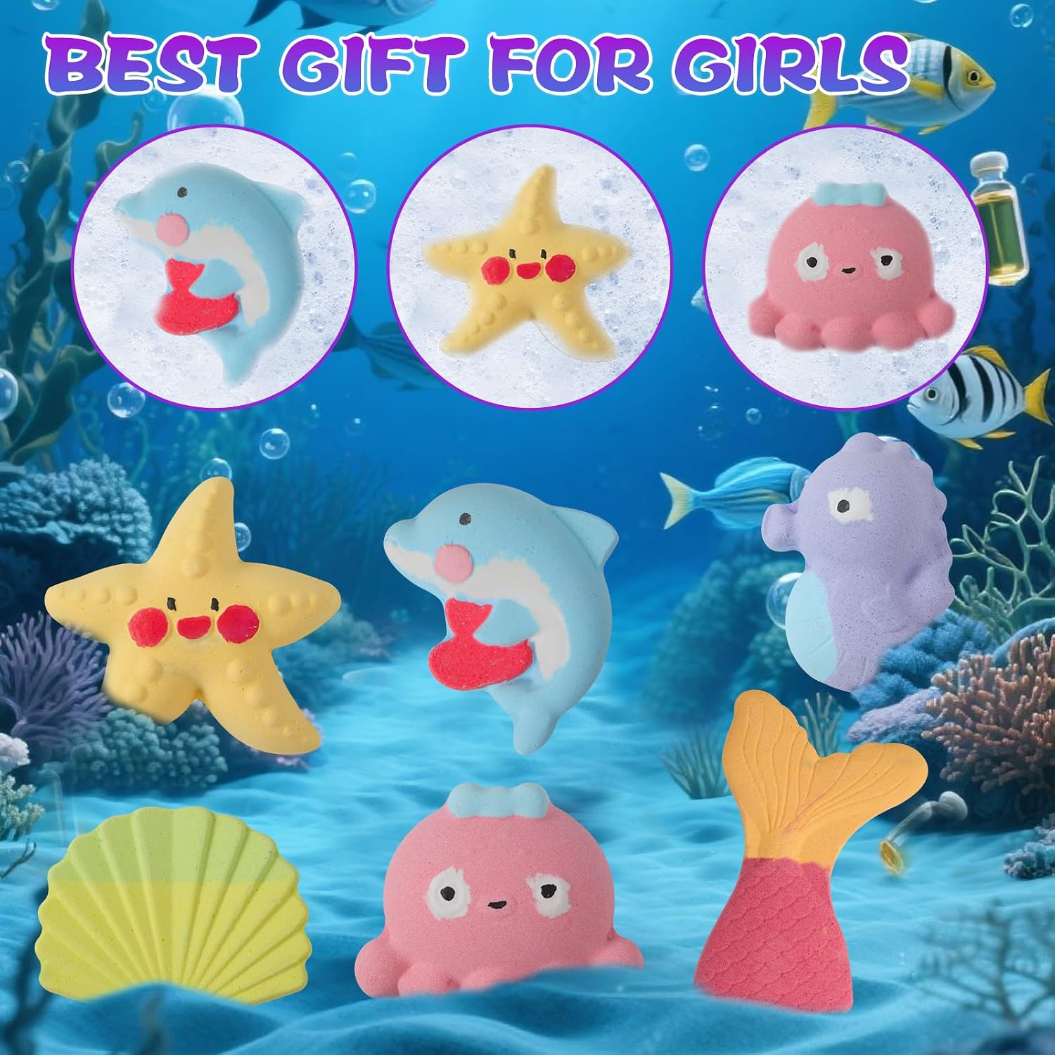 Bath Bombs for Kids Girls,Bath Toys for Kids, 6PCS XXL Mermaid Bath Bombs with Surprises - A Magical Bath Time Experience(Sea Animals)