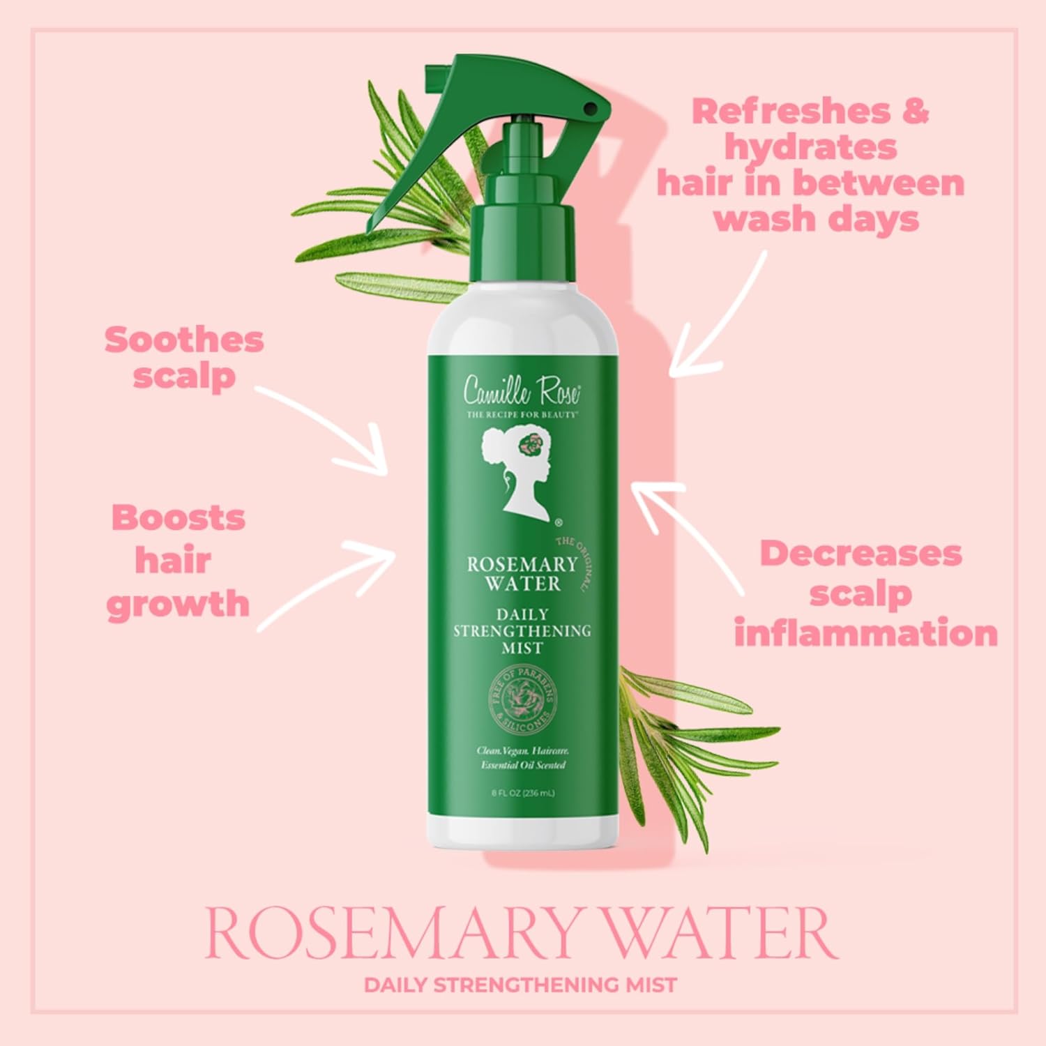 Camille Rose Rosemary Water, Daily Hair Strengthening Mist – Hydrating Refresher Spray with Rosemary Oil, Peppermint & Aloe Vera, 8 Oz Ea