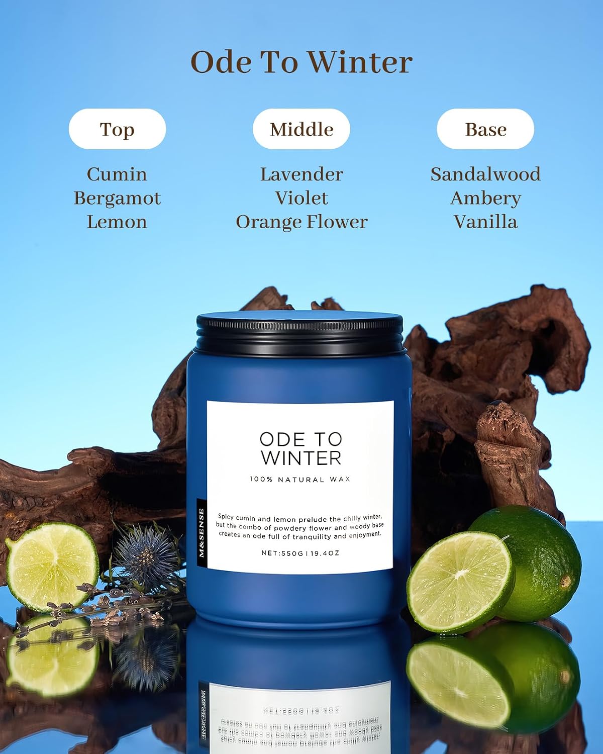 M&SENSE Ode to Winter Soy Candles Strong Scented, 2 Wick Jar Candle 19.4oz 110 Hour Long Lasting, Lavender Sandalwood Organic Natural Aromatherapy Candle Gifts Bedroom Bathroom Home Decor