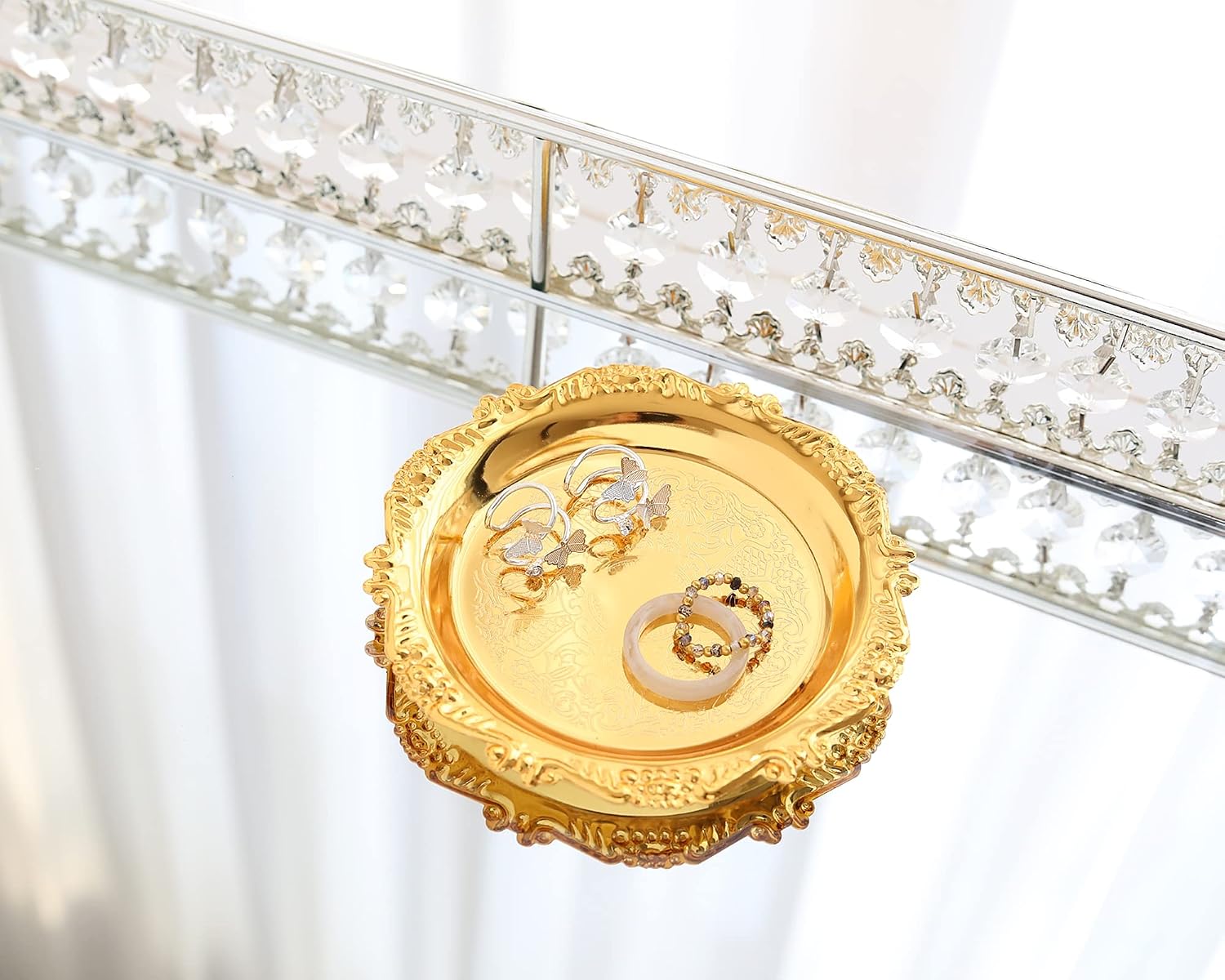 Round Storage Tray Necklace Tray Jewelry Holder Organizer Dessert Plate Fruit DishRing Dish Organizer Holder Home Decor Wedding Gift for Perfume Candle Holiday Party (Golden, Mini)