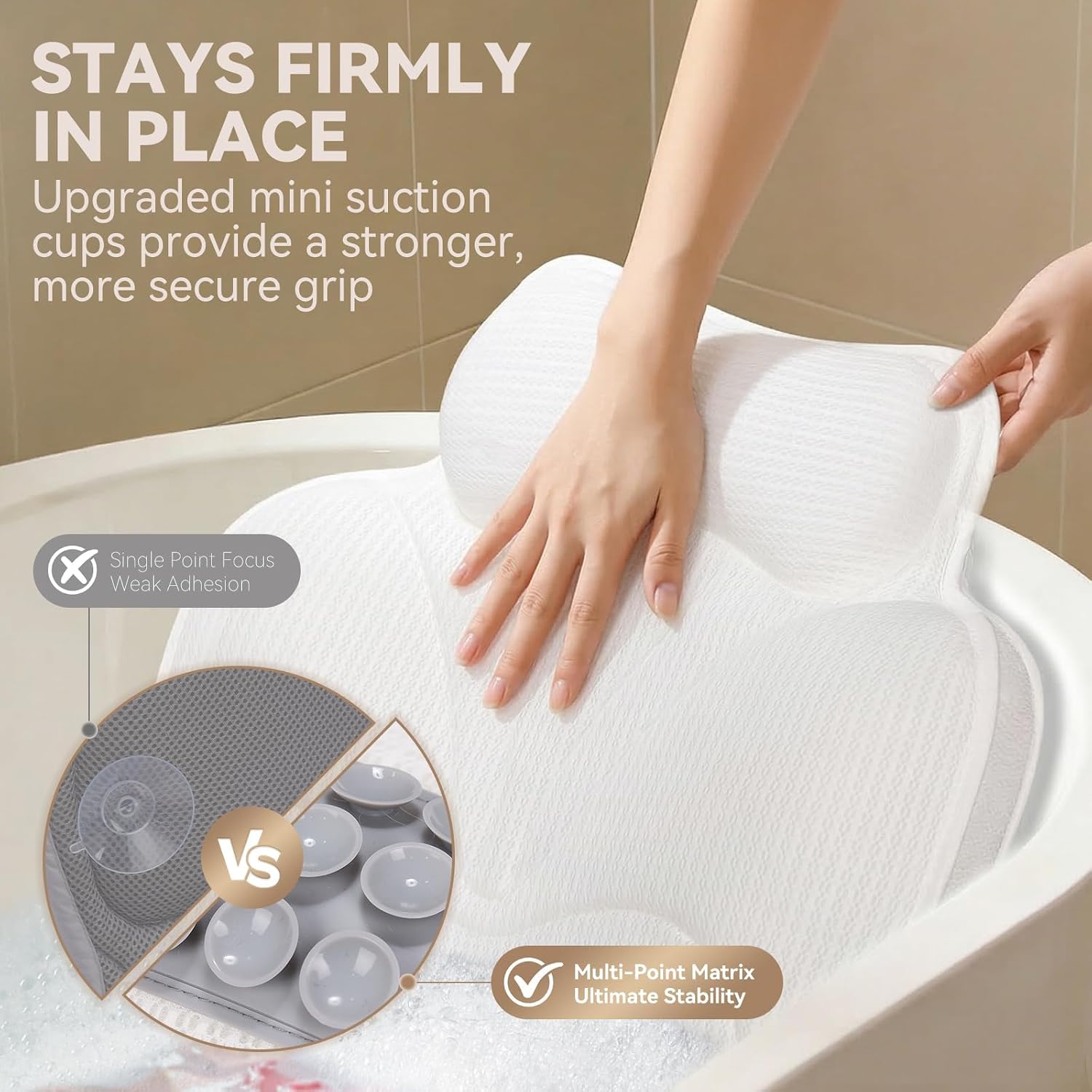 Bath Pillows for Tub - Luxury Bathtub Pillow Neck, Head, Back Support, Soft 5D Mesh Fabric and Non-Slip Suction Cups & Quick Dry, Fits All Tubs, Bath Soaking Accessories Spa Gifts, White