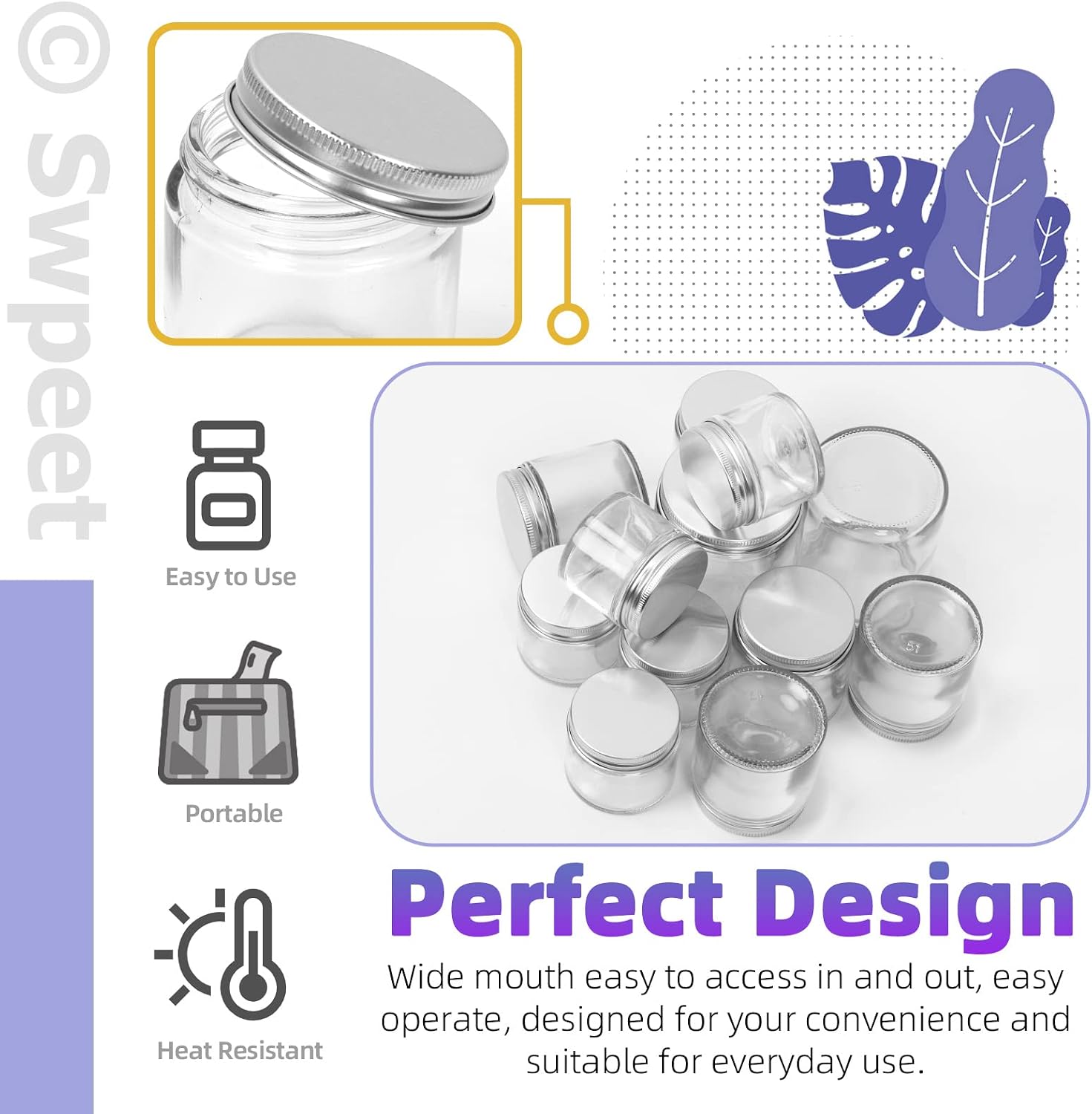 Swpeet 15 Packs 2 oz - 60ML Transparent Glass Jar with Silver Lid Assortment Kit, Round Containers Cosmetic Glass Jars with Lids Travel Jars Cosmetic Containers for Cream, Lotion