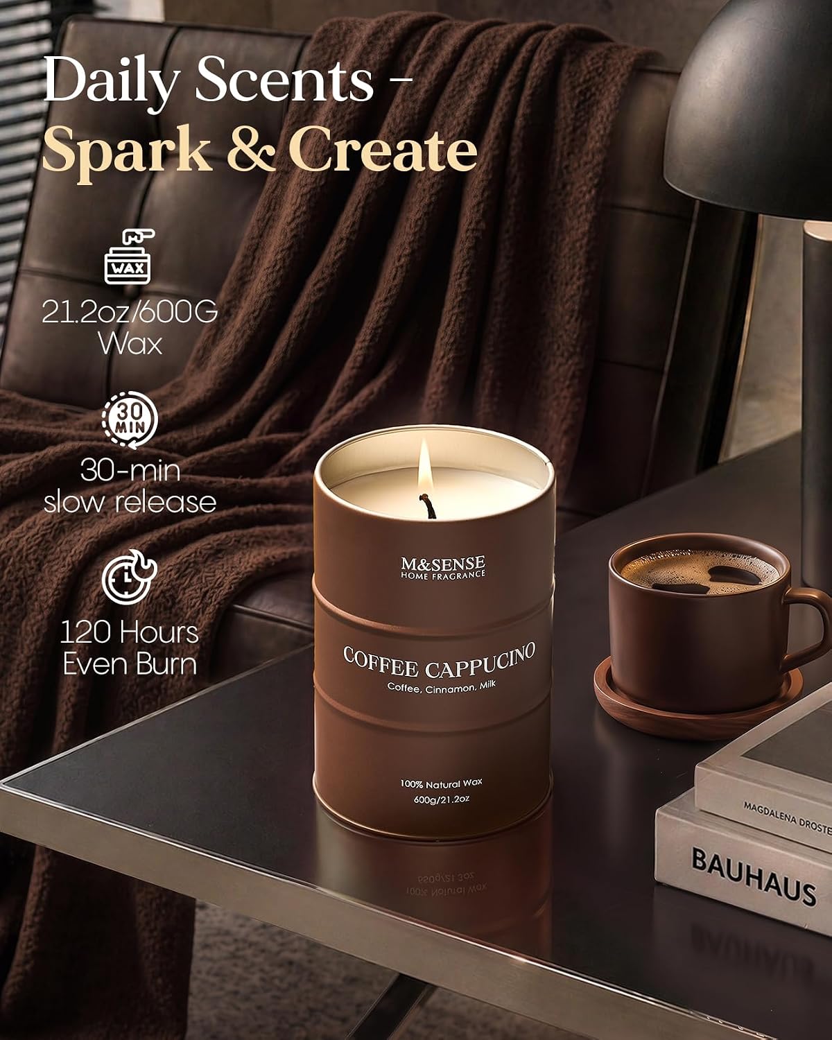 M&SENSE Coffee Cappuccino Large Scented Candles Christmas Decor, Hoilday Soy Wax Christmas Candle 21.2oz 120 Hours, Coffee Aroma Candle Unique Housewarming Appreciation Gifts