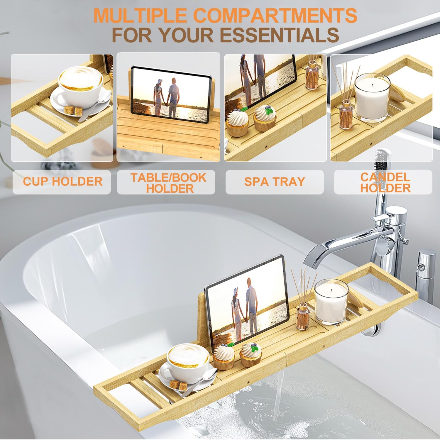 Bathtub Tray Caddy - Bath Tray - Bath Tub Table Tray Caddy - Bamboo Bath Tray for Tub