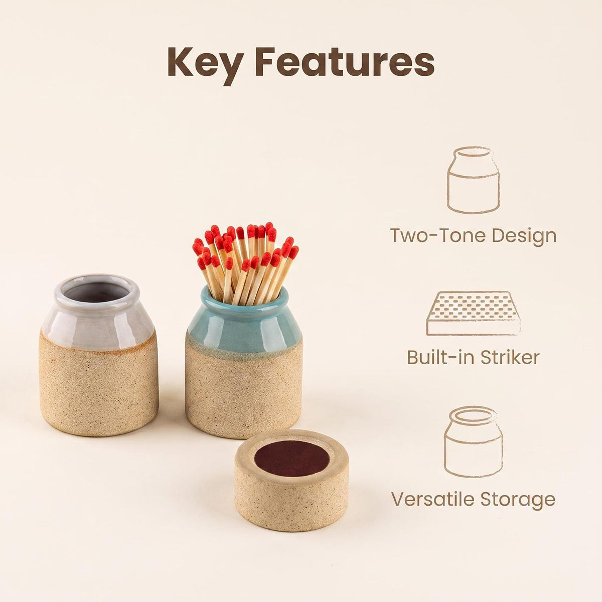 2 Pack Ceramic Match Holder with Striker Base Small Toothpick Qtip Jar Set