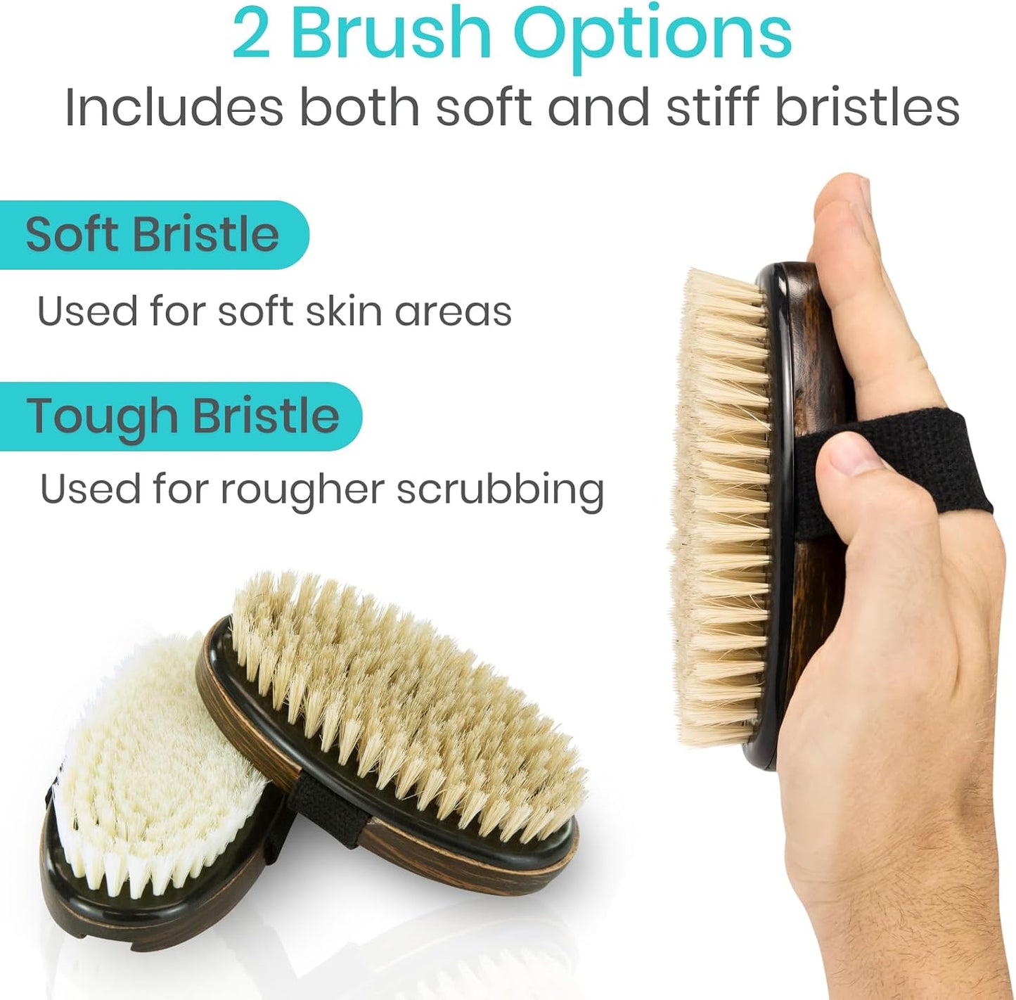 Vive Dry Brush Set for Lymphatic Drainage (3 Pack) - Brushing Scrubber for Exfoliating, Body Cellulite and Skin Massage - 100% Natural Boar Hair Bristles, 19” Long Dark Wooden Handle w/Storage Bag