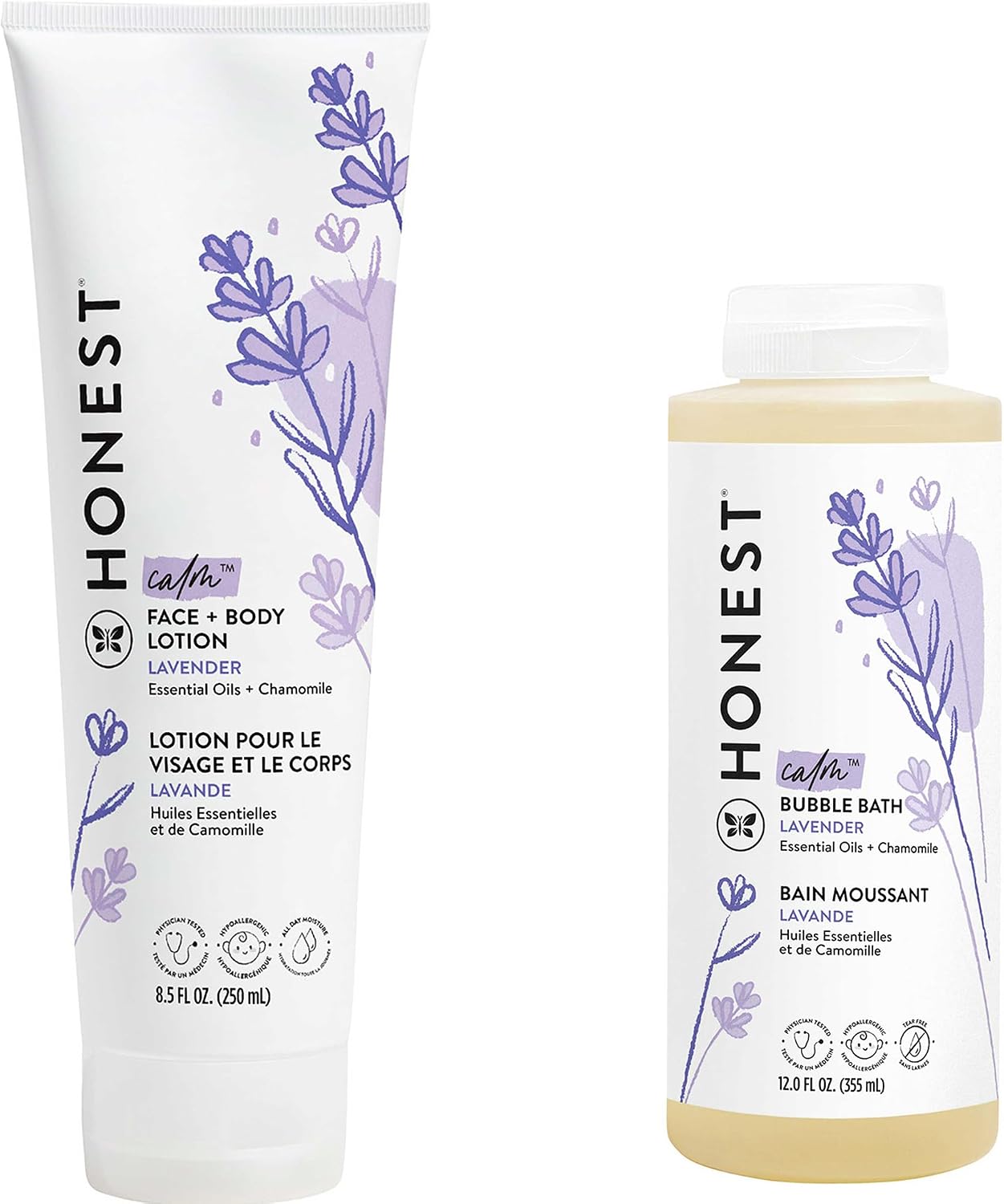 The Honest Company Lavender Calm Foaming Bubble Bath + Hydrating Face + Body Lotion Bundle | Naturally Derived, Tear Free, Hypoallergenic | 12 fl oz, 8.5 fl oz