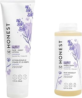 The Honest Company Lavender Calm Foaming Bubble Bath + Hydrating Face + Body Lotion Bundle | Naturally Derived, Tear Free, Hypoallergenic | 12 fl oz, 8.5 fl oz