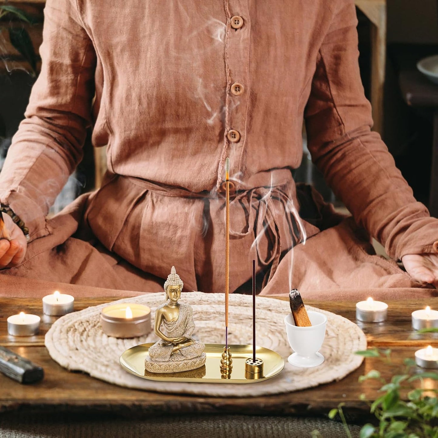 TOPZEA 6 in 1 Brass Incense Burner Holder, Palo Santo & Sage Sticks Holder, Ash Catcher Tray with Buddha Statue for Coil Incense, Incense Cone & Stick, Meditation Accessories, Yoga Room Decor