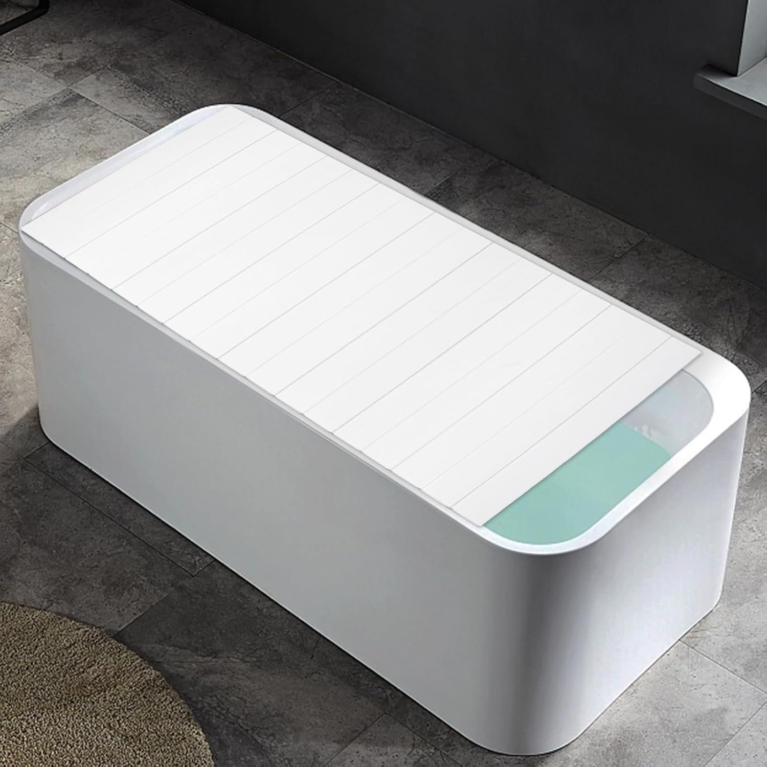 Foldable Bathtub Tray for Bathroom Storage and Relaxation, White Wood Grain Cover Board, Adjustable Bath Caddy Shelf for Home Spa, Adults, and Families