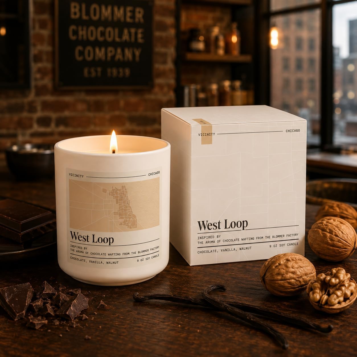 Vicinity West Loop, Hand-Poured Soy Candle | Chocolate, Vanilla & Walnut | 9 oz, 45-50 Hour Burn | Gift Ready | Woman-Owned