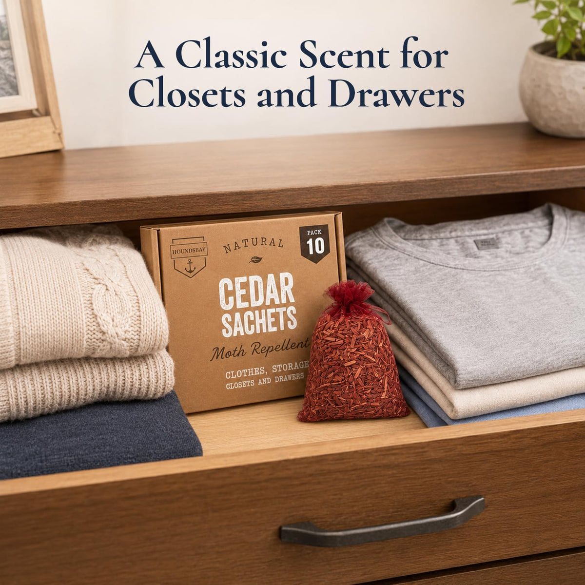 HOUNDSBAY Cedar Sachets for Drawers and Closets, 10 Pack Red Cedar Chips